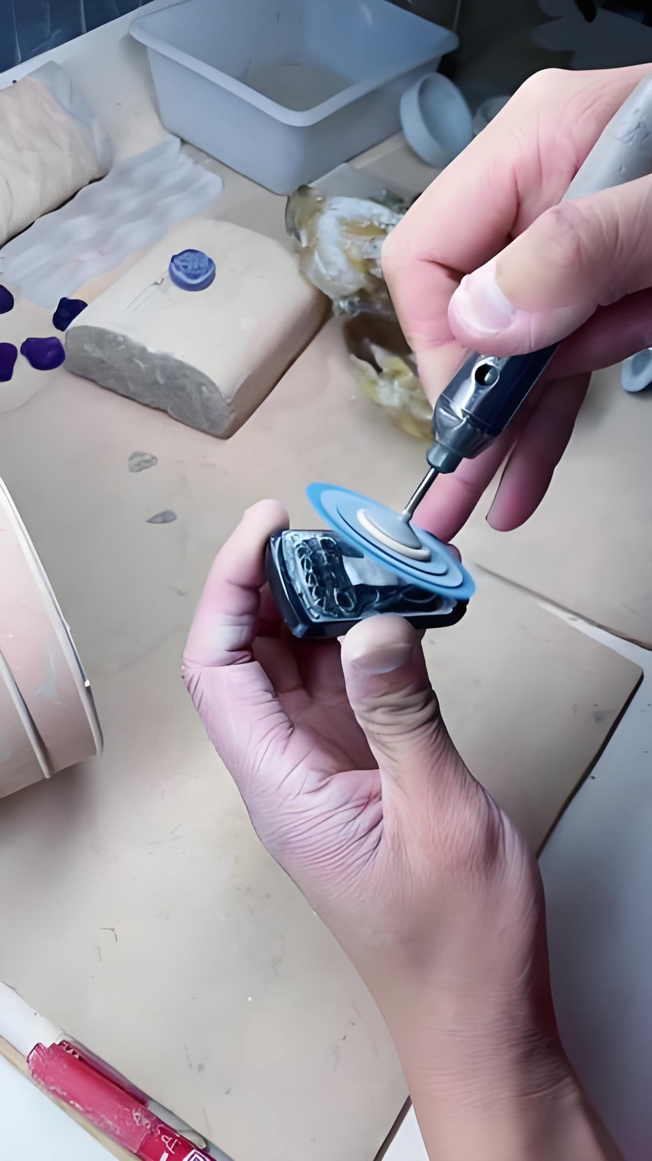 Artisan polishing a quartz carving to bring out clarity.