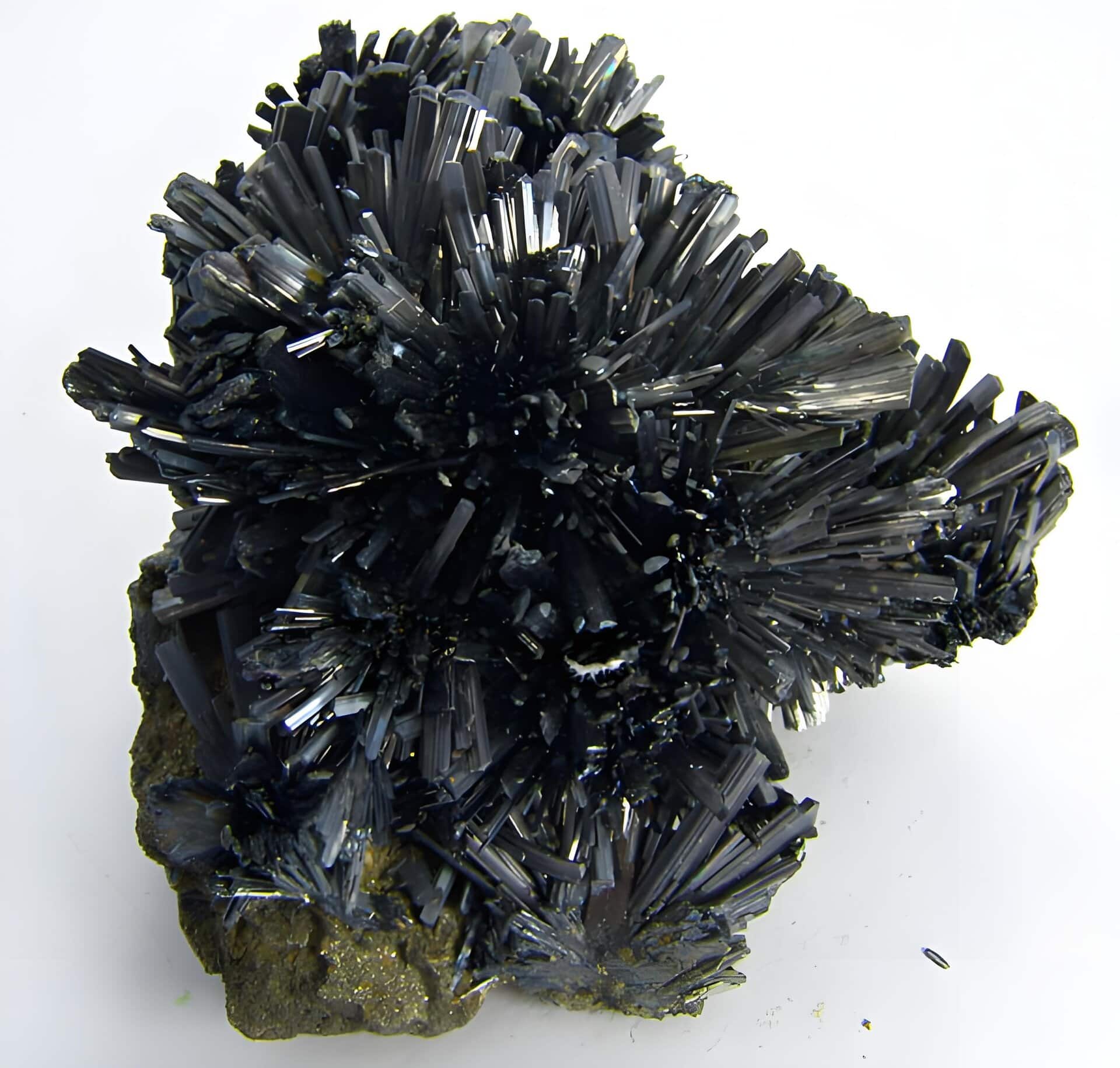 Radiating stibnite crystals from Herja Mine, Romania.