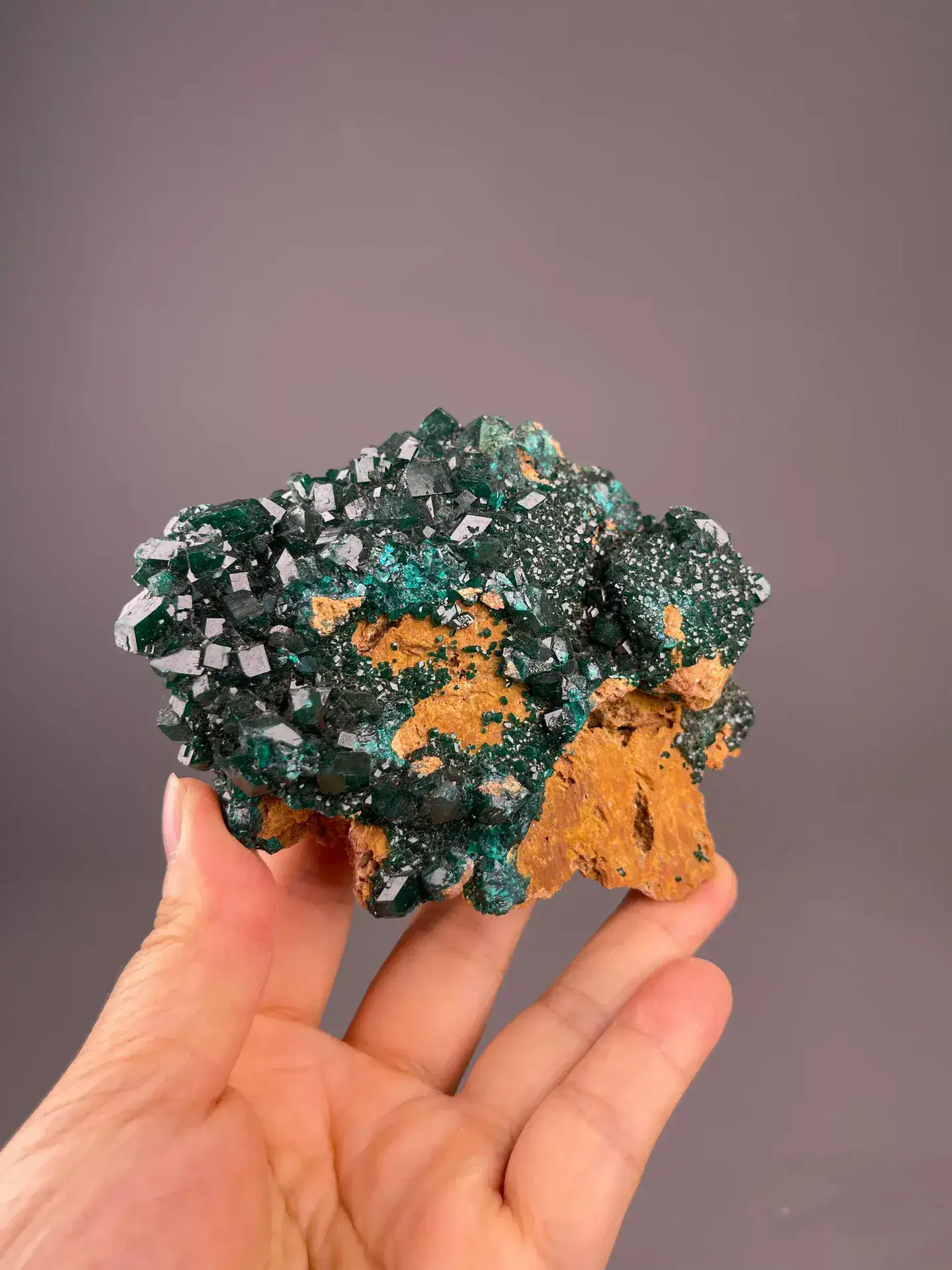 Vibrant green dioptase crystals from Tsumeb Mine, Namibia.