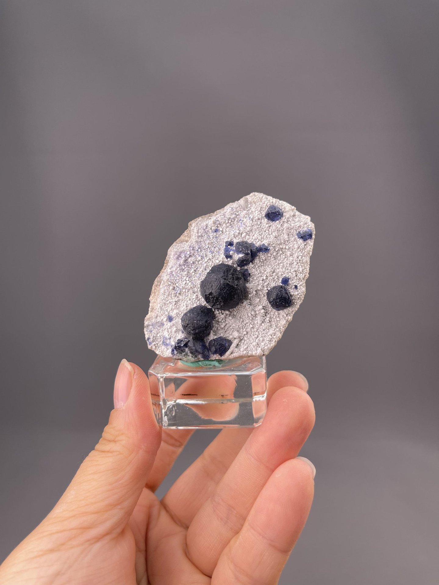 Deep blue fluorite crystals on white quartz matrix, Inner Mongolia, China