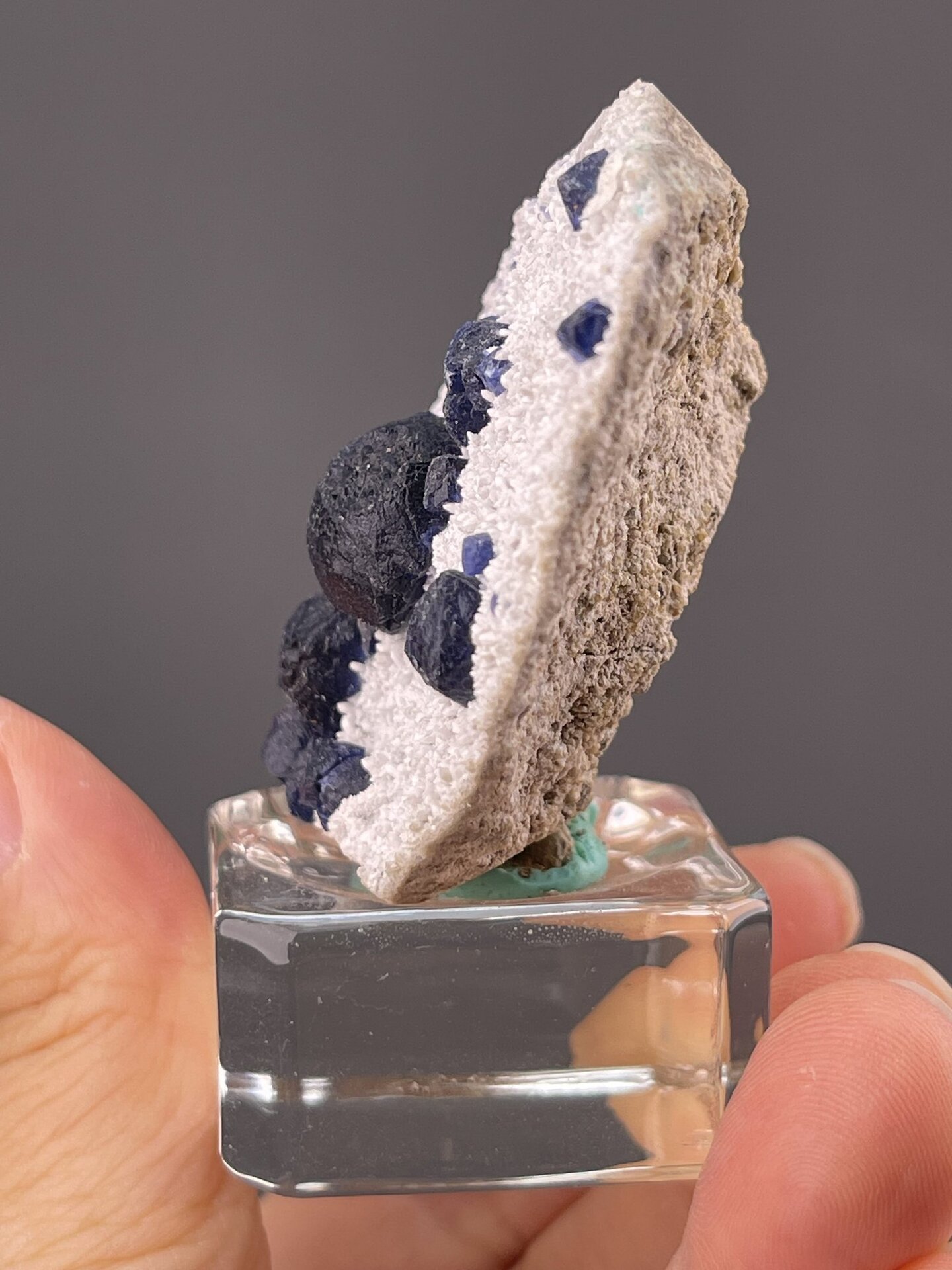 Top view of blue fluorite specimen showing mineral association