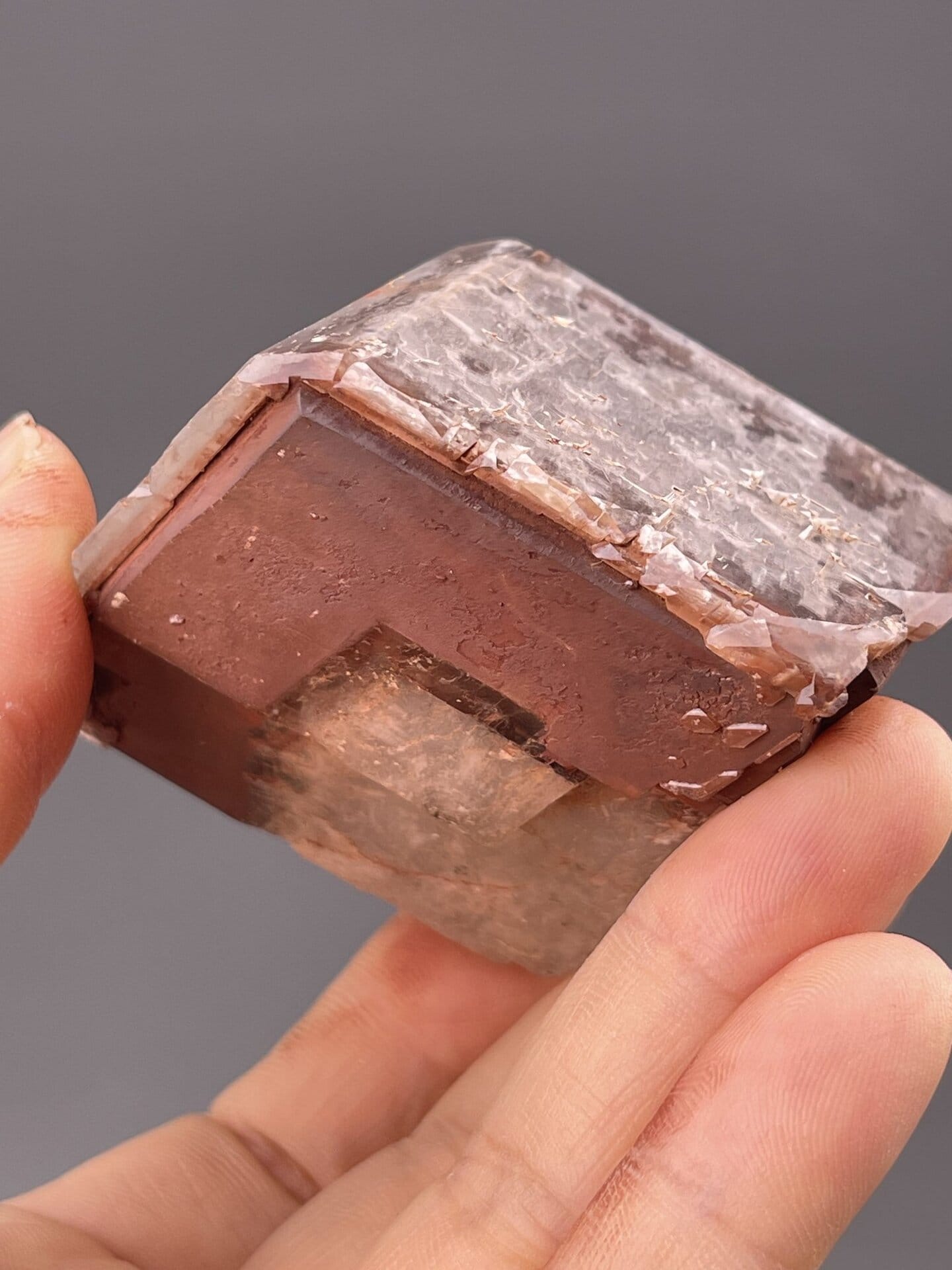 Deep brown calcite showing rhombohedral prismatic form, 6.5 g