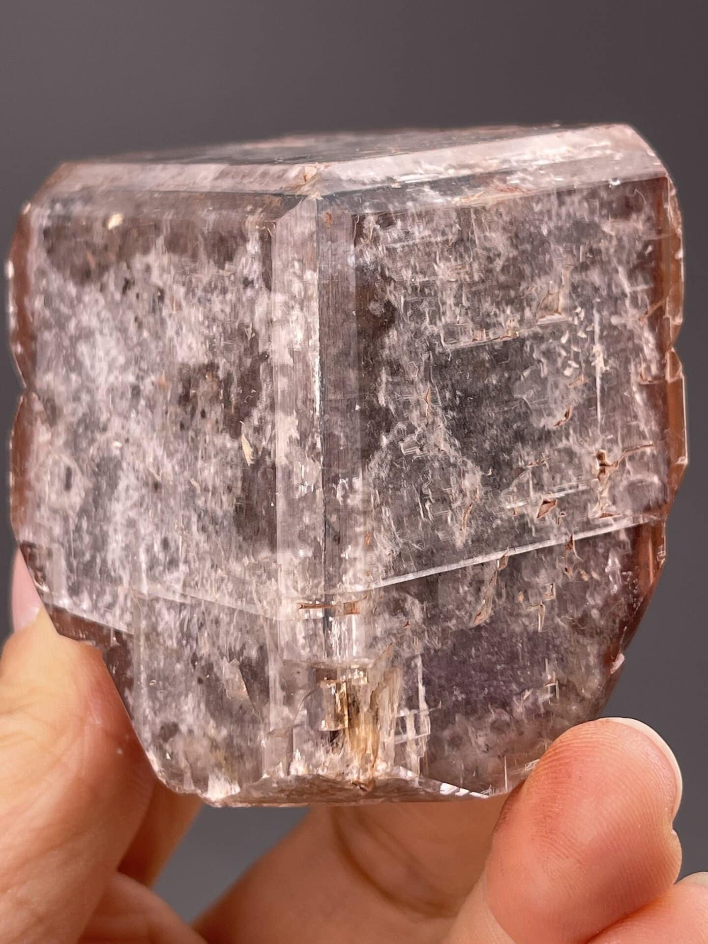 Angled view of Anhui calcite highlighting deep brown colour