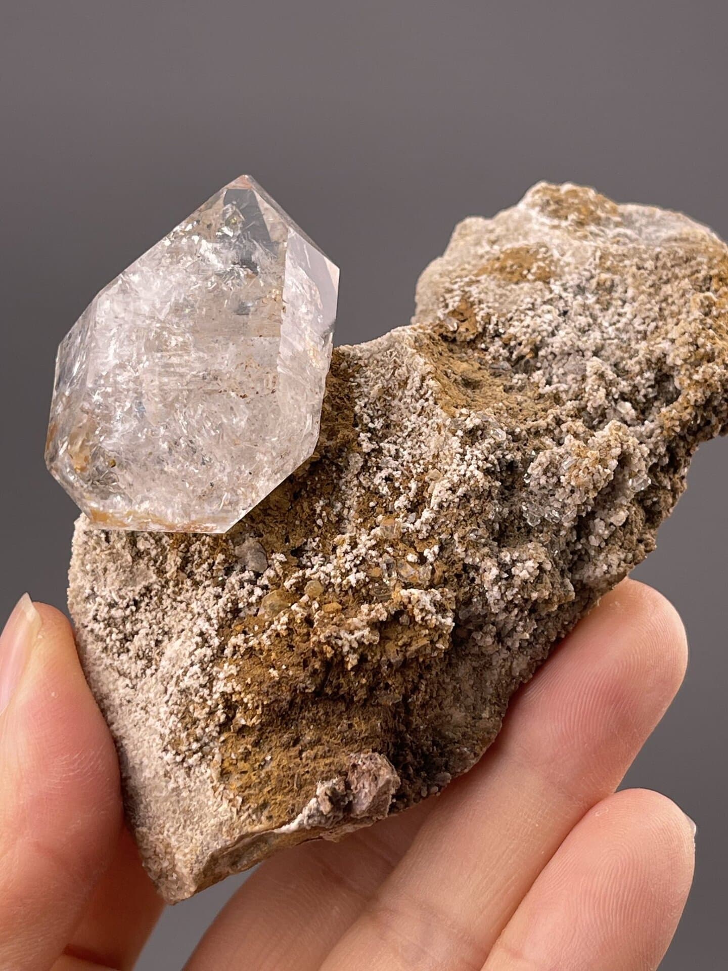Top view of herkimer-style quartz crystal showing termination geometry