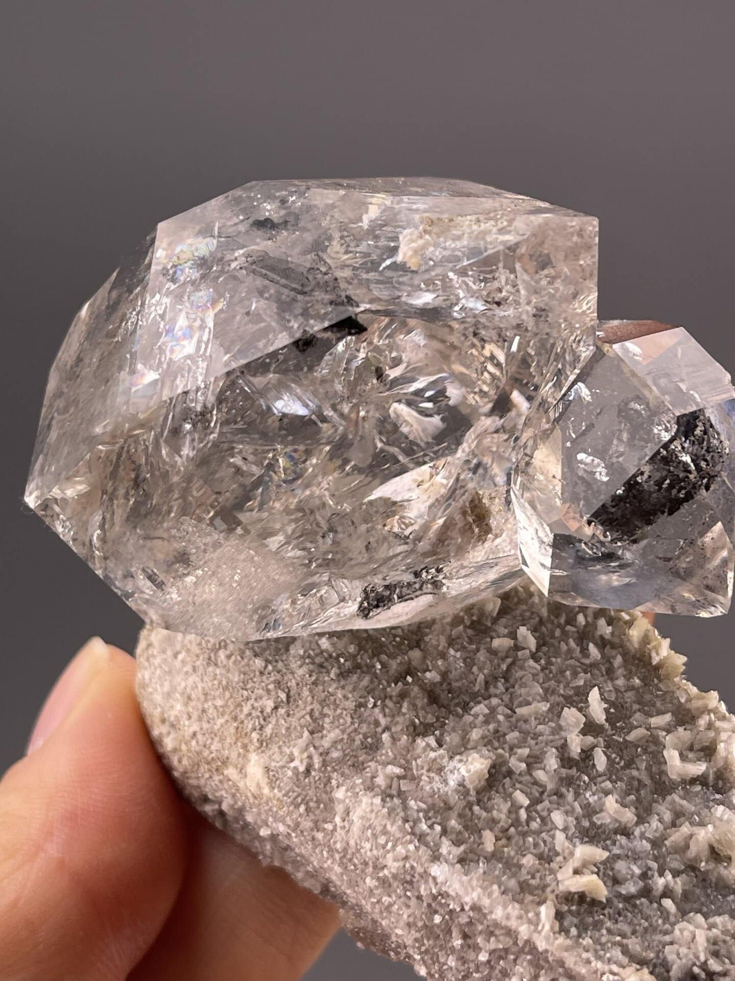 Side view of herkimer-style quartz showing full crystal length
