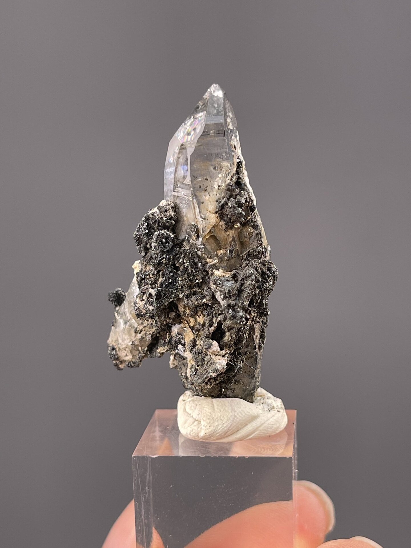 Top view of quartz crystal showing hexagonal cross-section