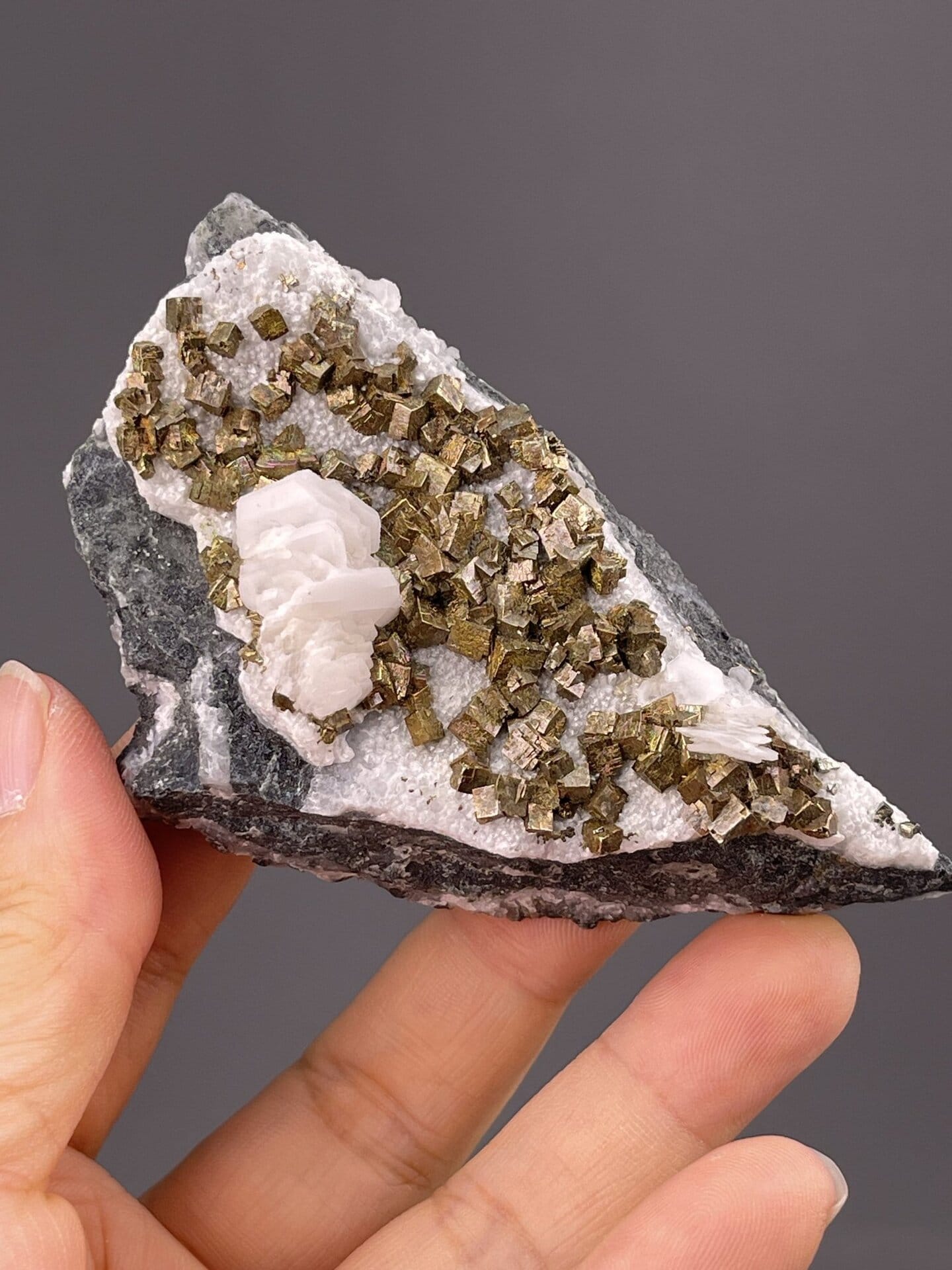Pyrite on calcite from Tonglushan Mine Daye Hubei, SKU 1115