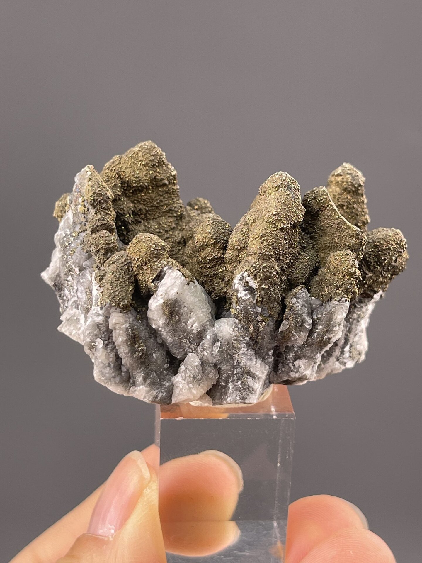 Close-up of pyrite surface showing fine druzy crystal coating