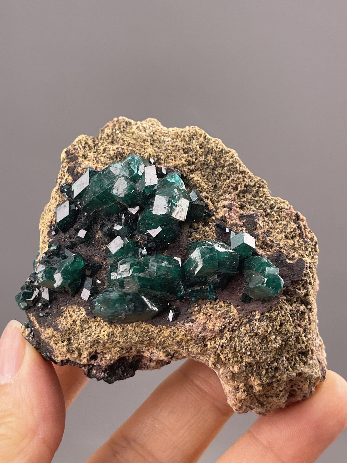 Dioptase cluster front view, transparent green crystal faces, 26×23×14 mm