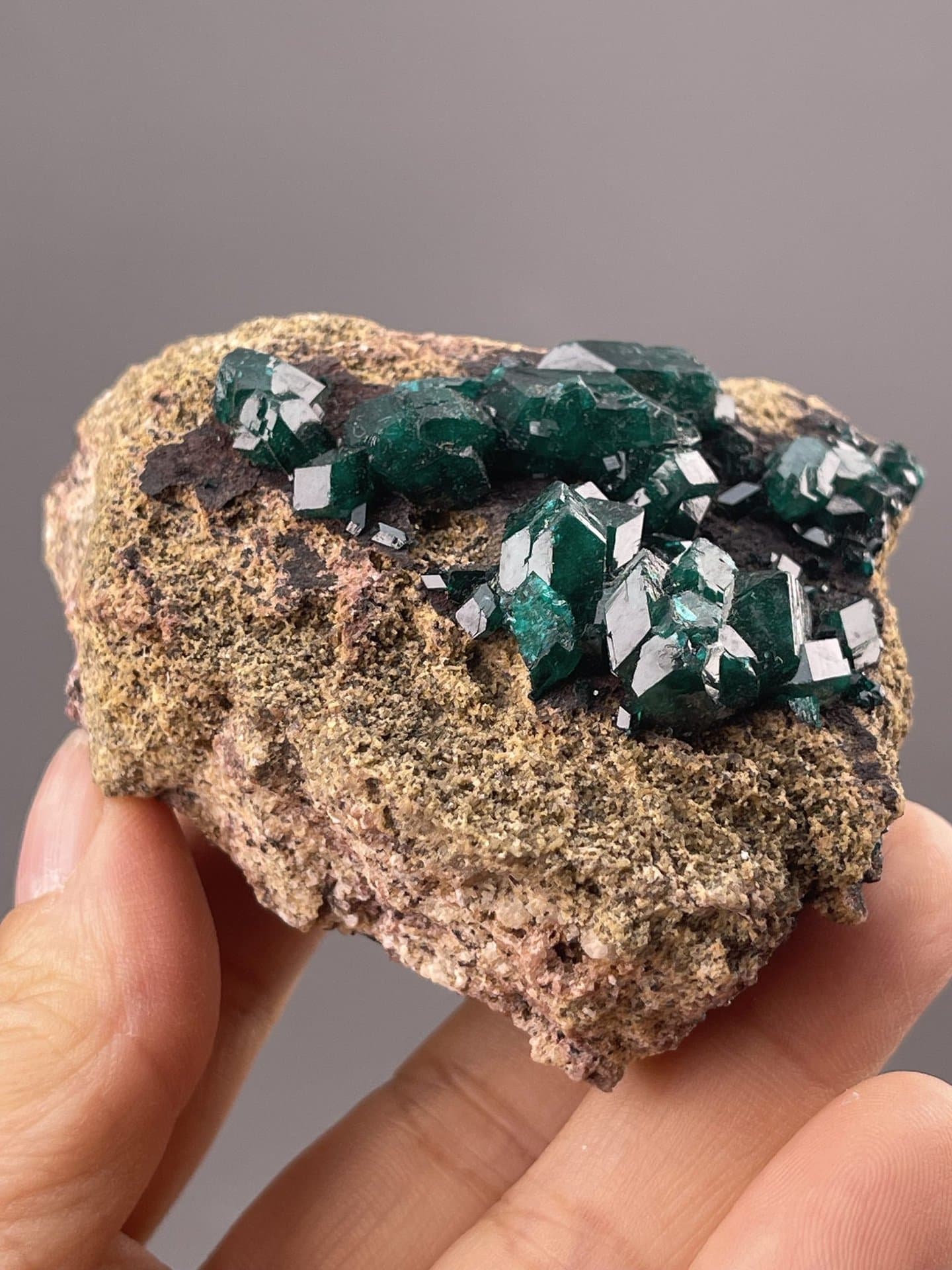 Top-down view of dioptase cluster showing crystal arrangement, 4.6 g specimen