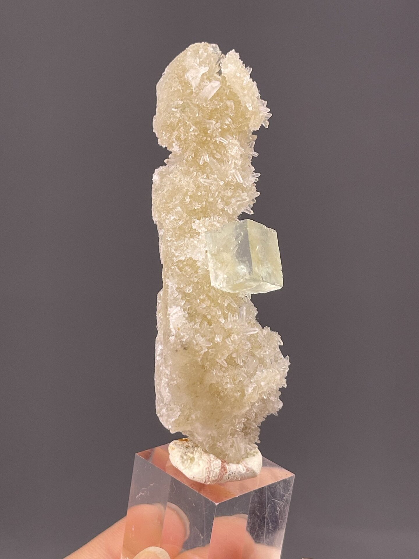 Top view of fluorite-quartz specimen showing green cubic crystal