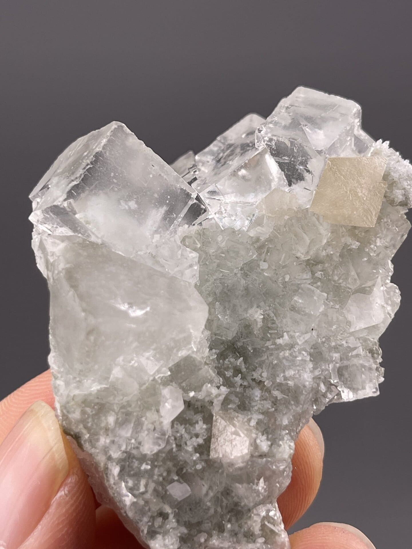 Vibrant green fluorite cube showing distinct cubic habit, 1.8 g