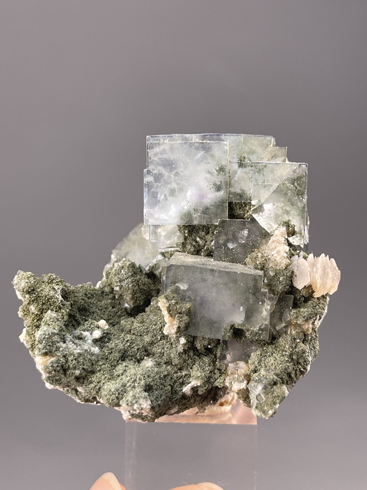 Close-up of green fluorite showing colour banding in cubic form