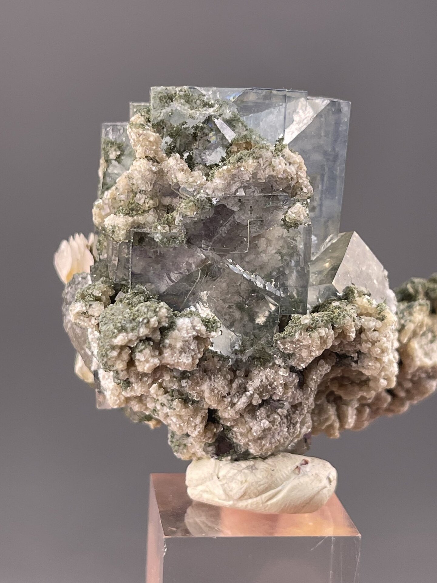 Top view of fluorite cube showing colour-zoned face