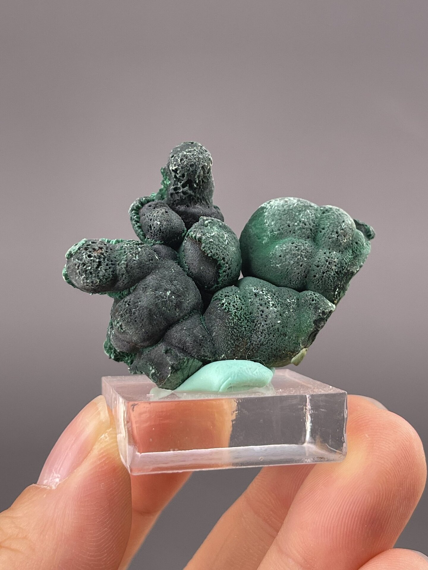 Side view of malachite showing botryoidal rounded surface