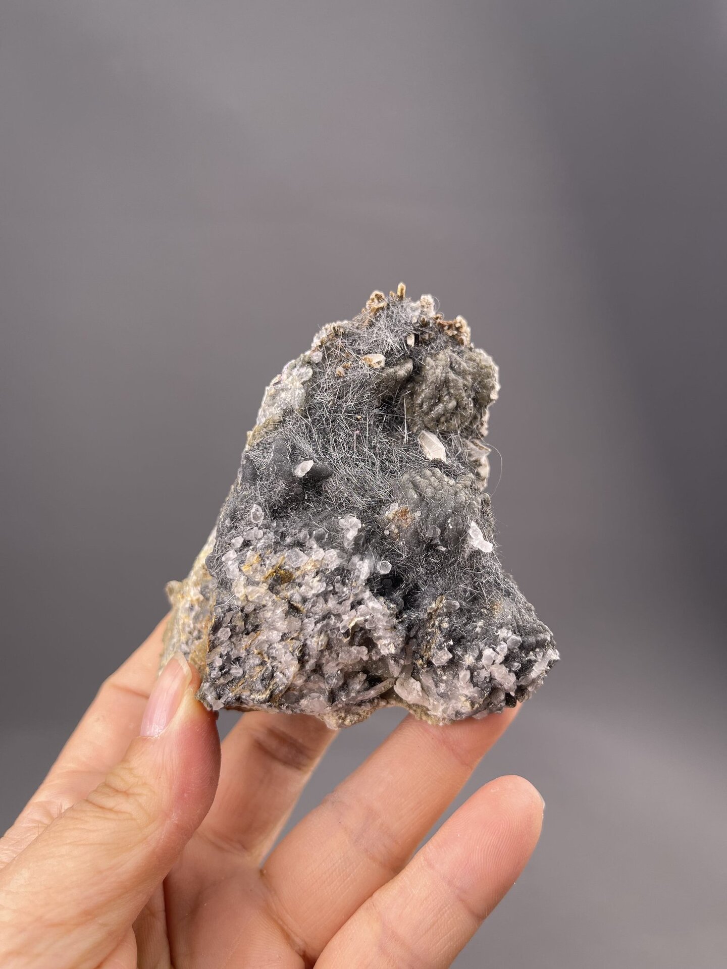 Dark gray acicular bismuthinite crystals from Inner Mongolia, China