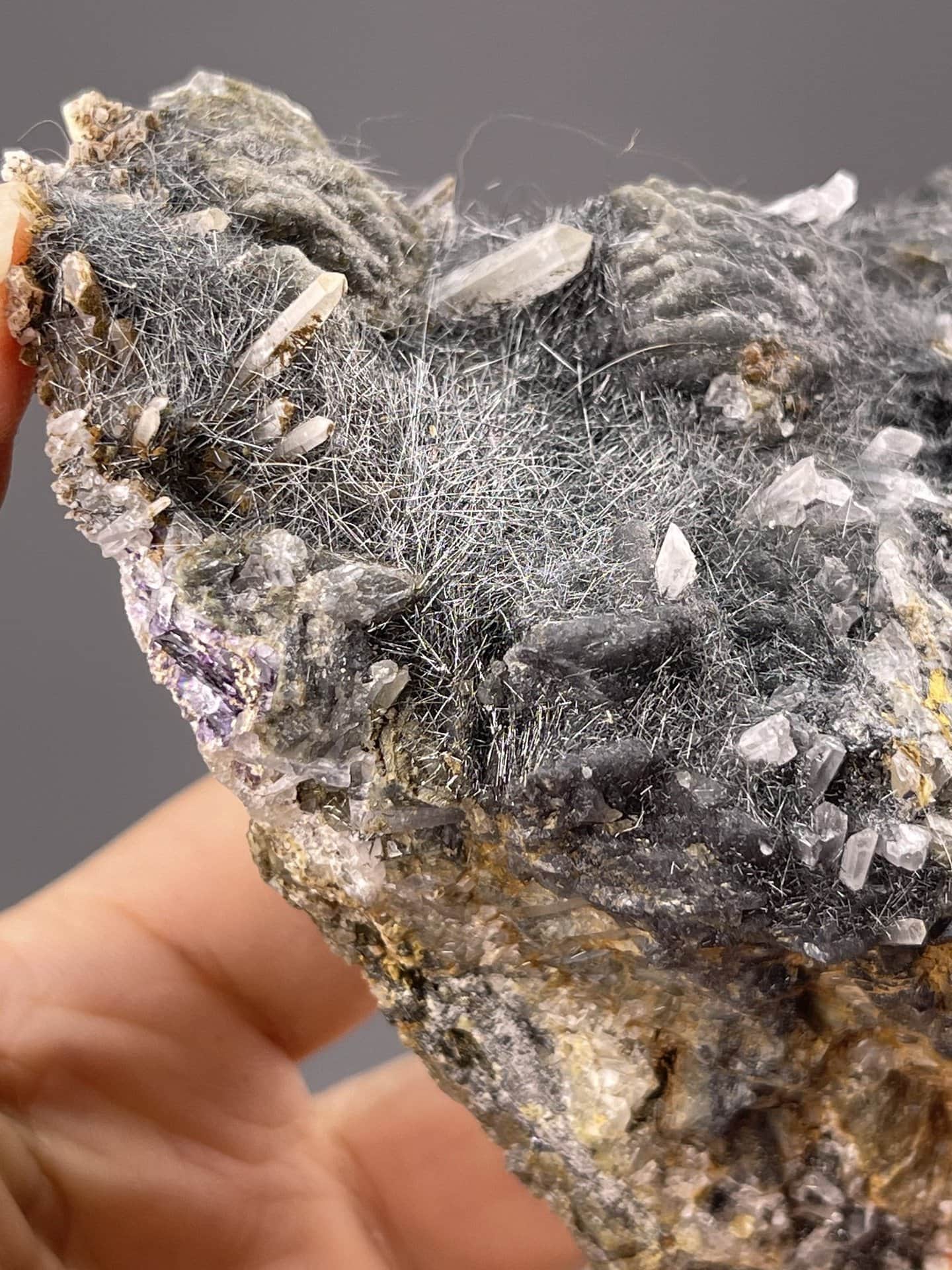 Angled view of Inner Mongolia bismuthinite highlighting needle habit