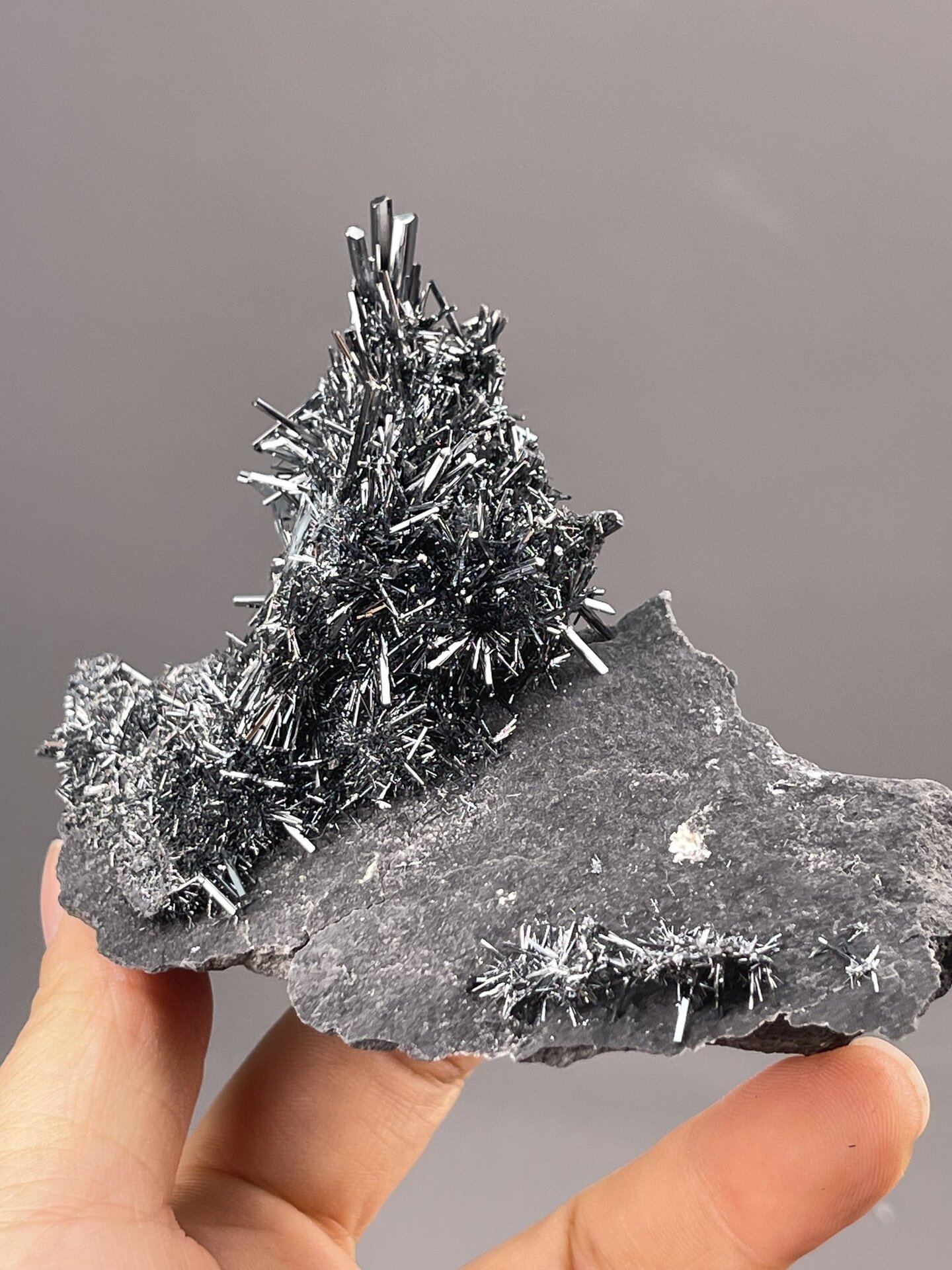 Stibnite Crystals from Lengshuijiang, China – angled view showing matrix