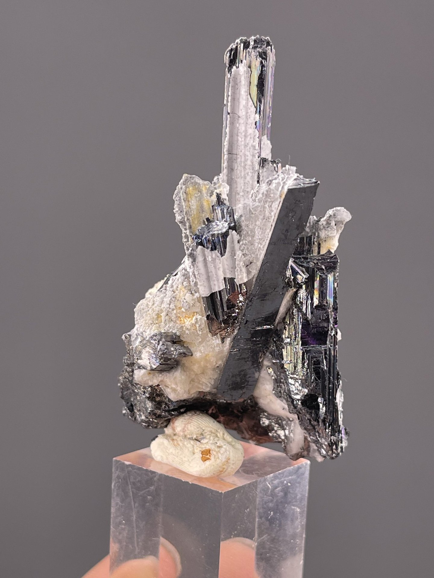 Metallic gray stibnite showing columnar prismatic habit, 1.6 g