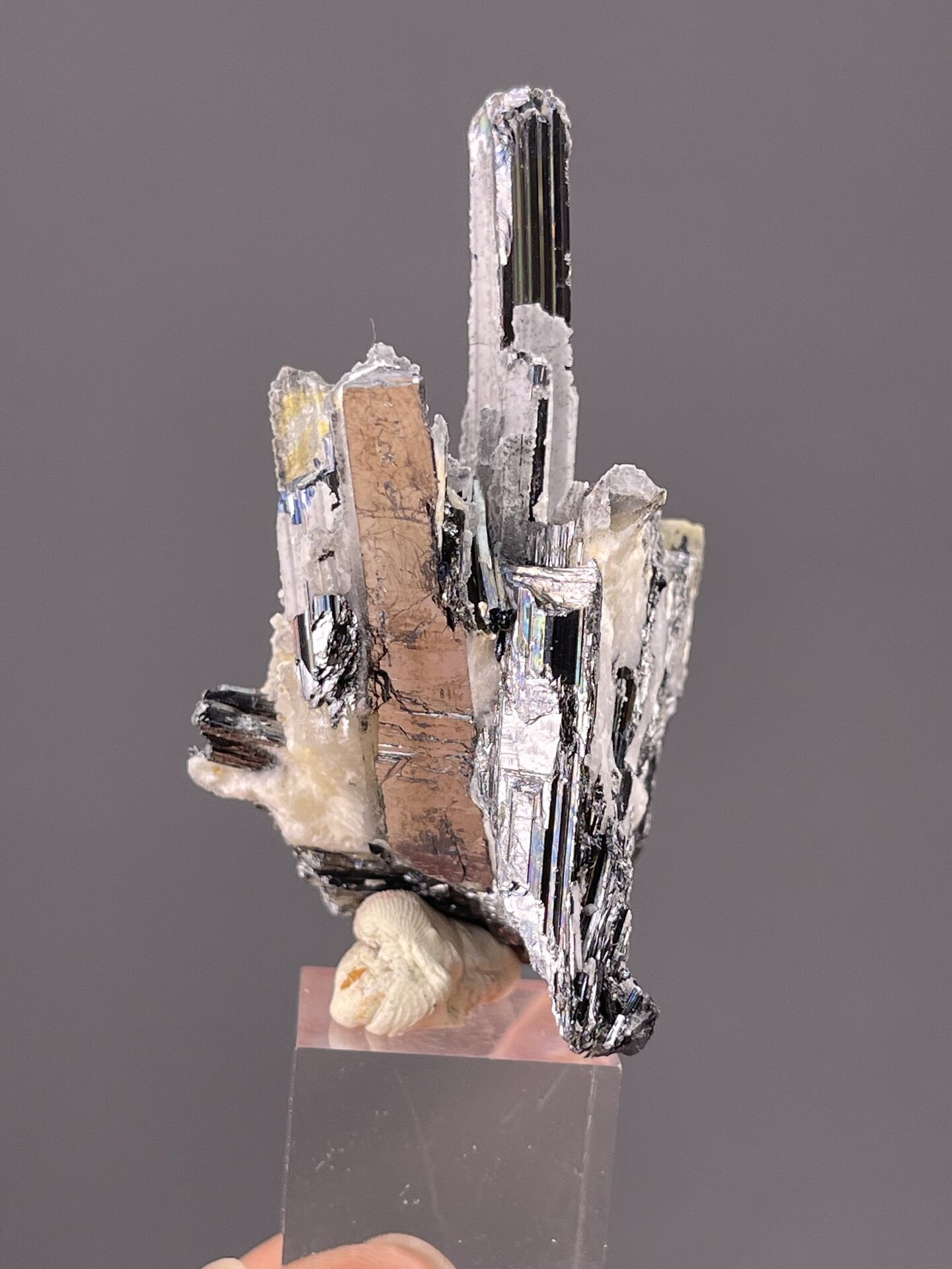 Angled view of Lengshuijiang stibnite highlighting columnar form