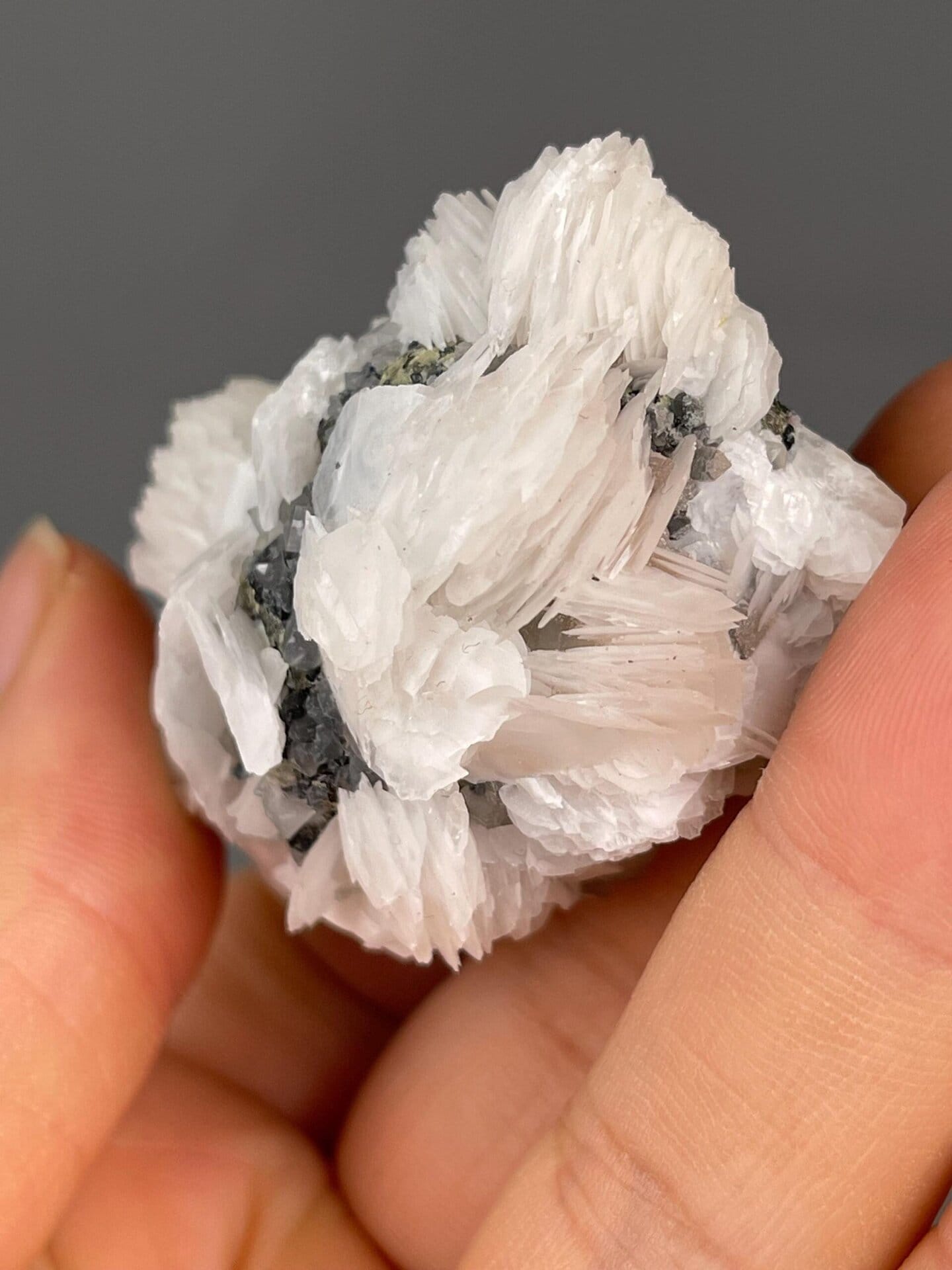Close-up of petal-like pink calcite crystal structure