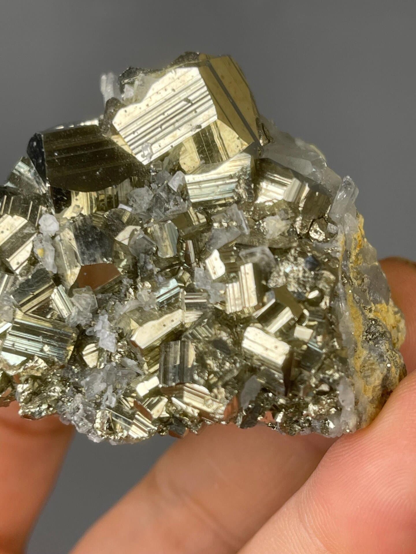 Close-up of golden cubic pyrite crystals from Spain