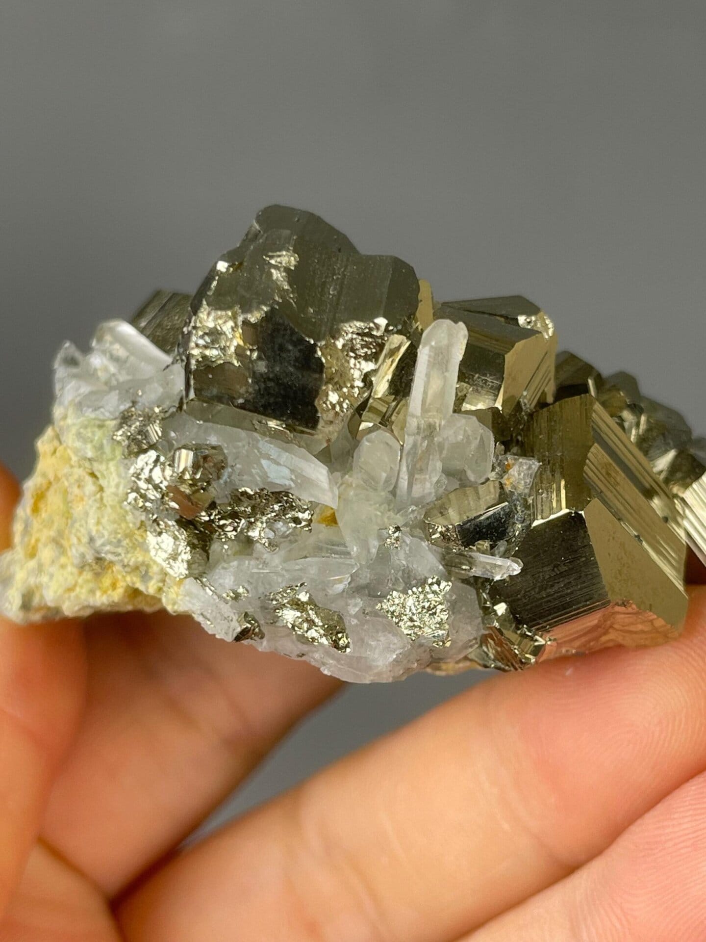 Top view of pyrite cluster with quartz overgrowth