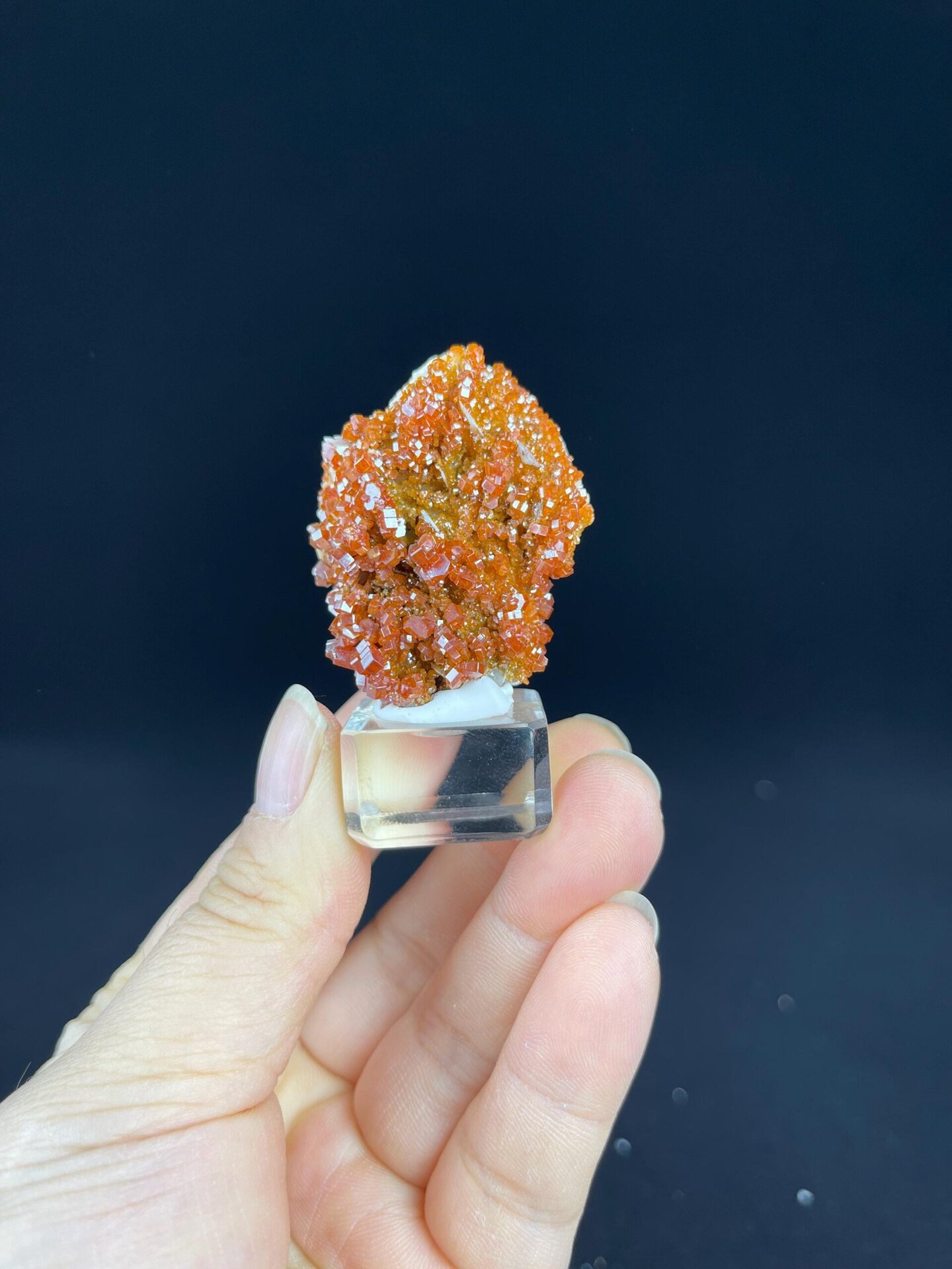 Front view of vibrant red-orange wulfenite cluster from Morocco