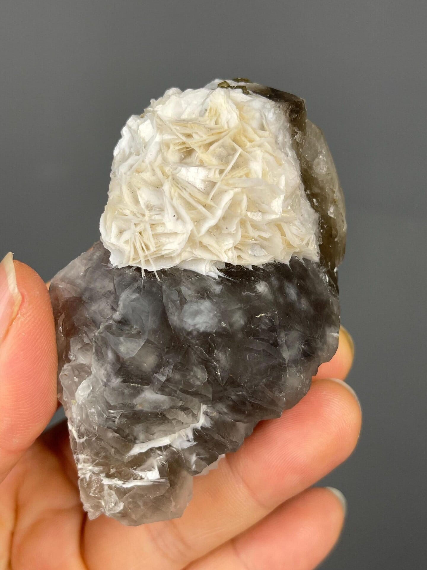 Front view of dark green fluorite and calcite cluster from Hunan