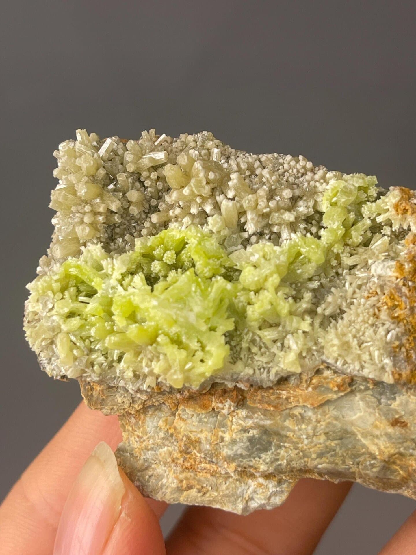 Top view of pyromorphite crystals in mossy green tones