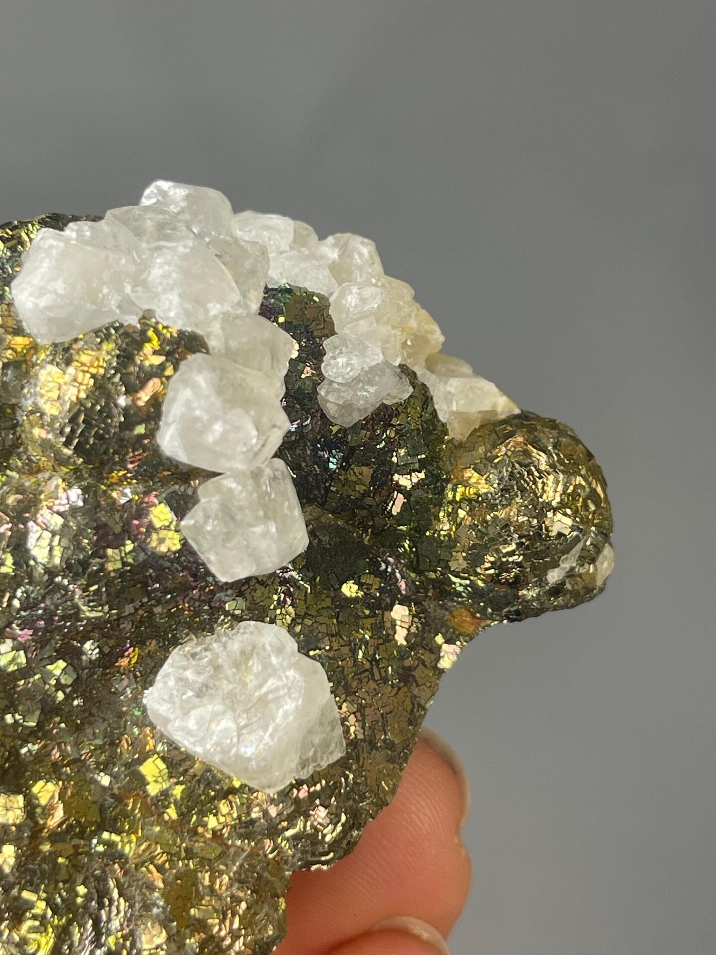Scale reference of iridescent chalcopyrite calcite cluster