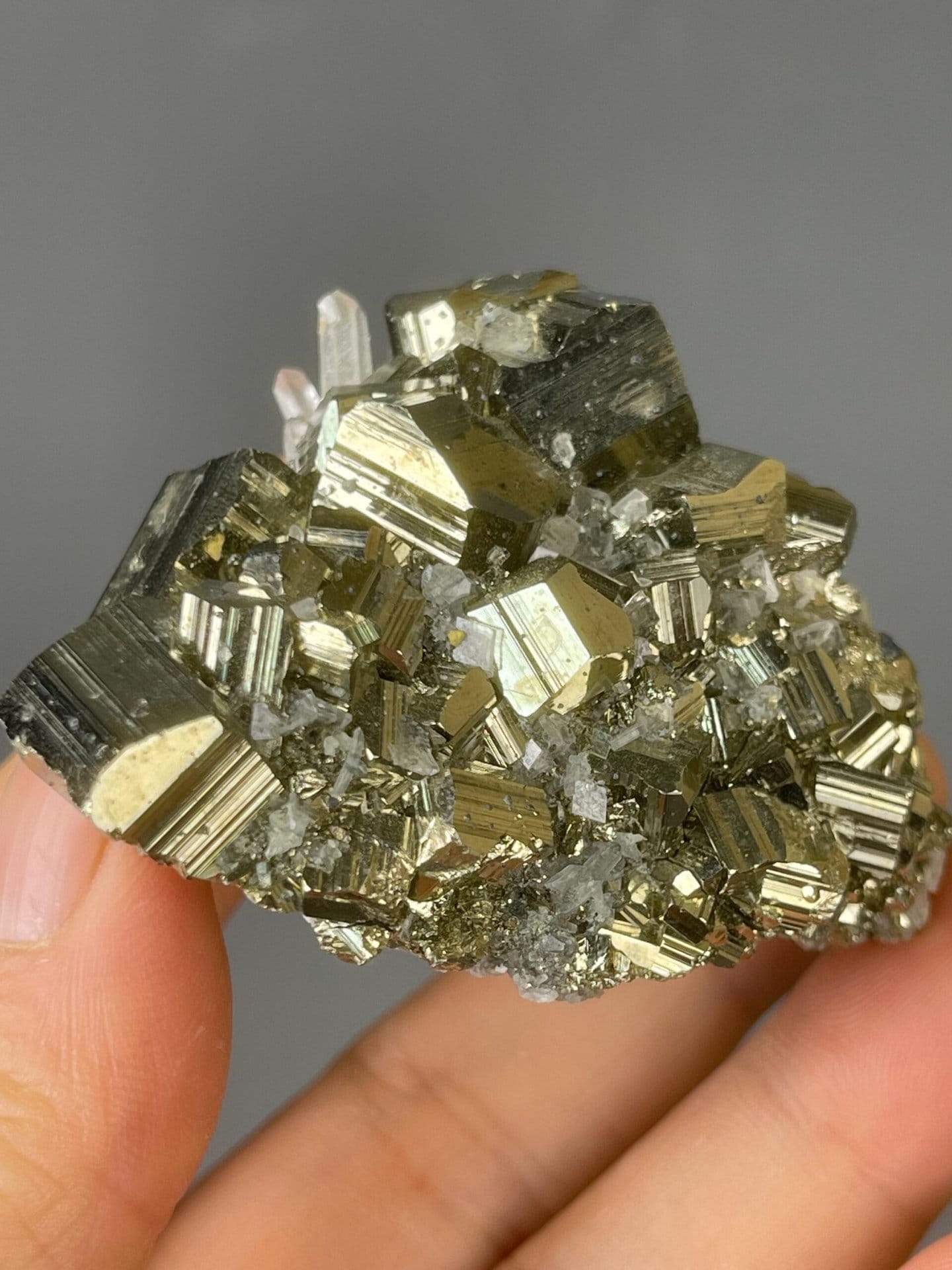 Side view of pyrite quartz cluster showing depth