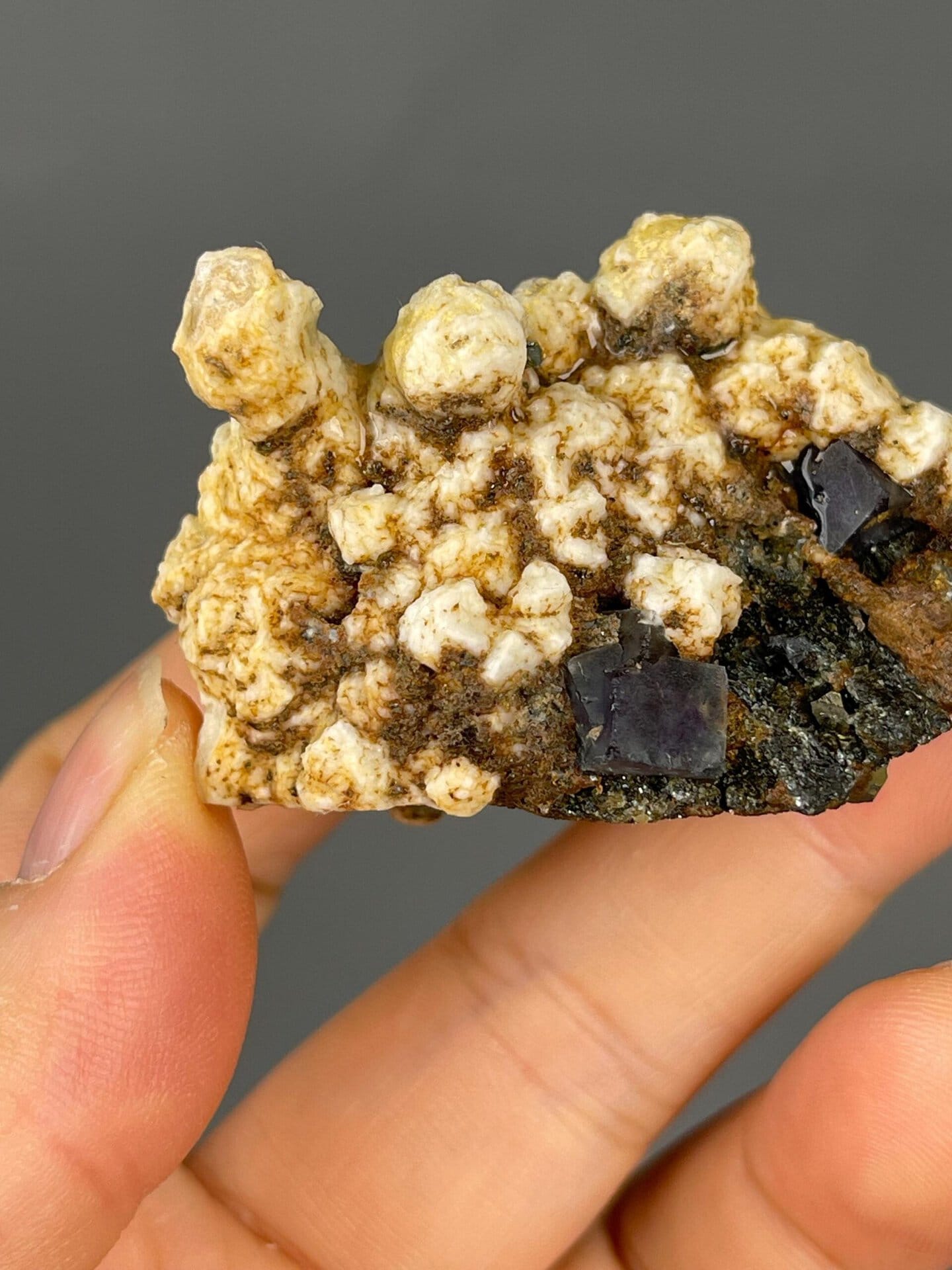 Close-up of purple fluorite cubes on botryoidal dolomite