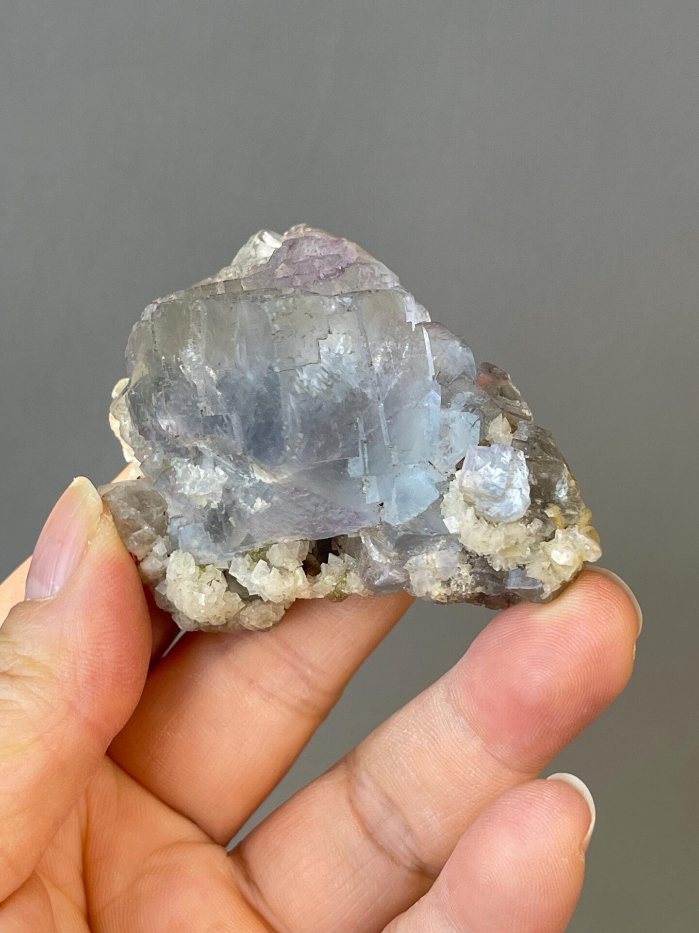 Front view of blue stepped fluorite crystal from Yaogangxian