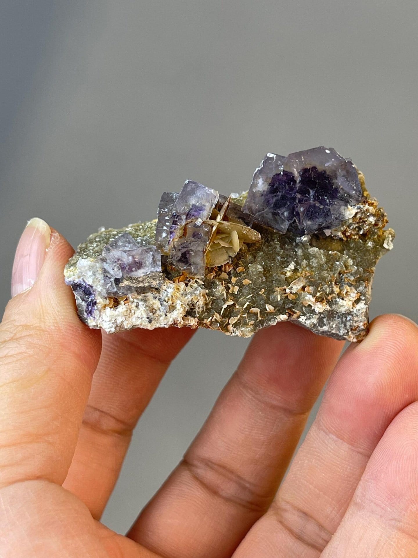 Front view of purple tri-twin fluorite crystal