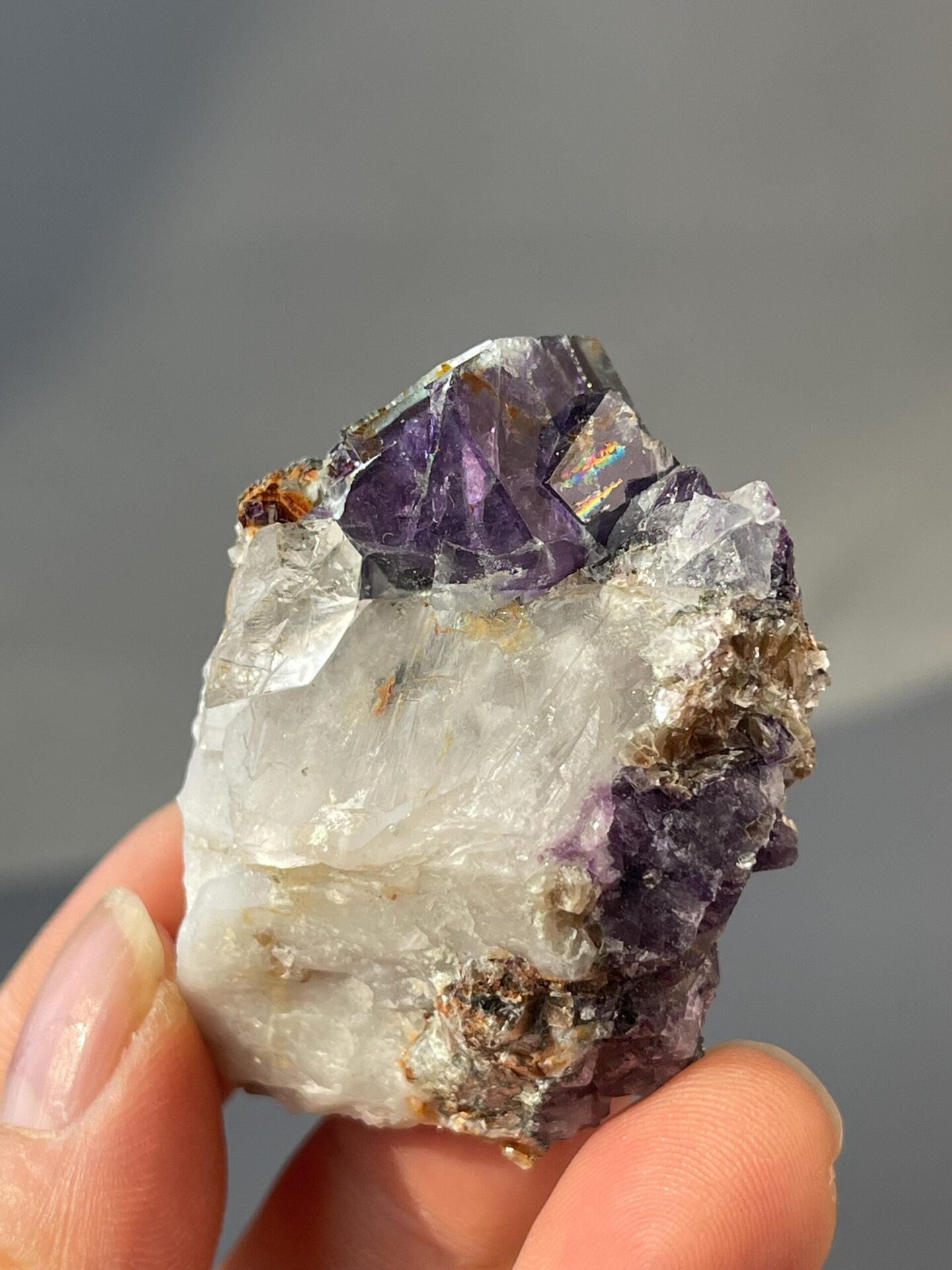 Front view of deep purple twinned fluorite cubes