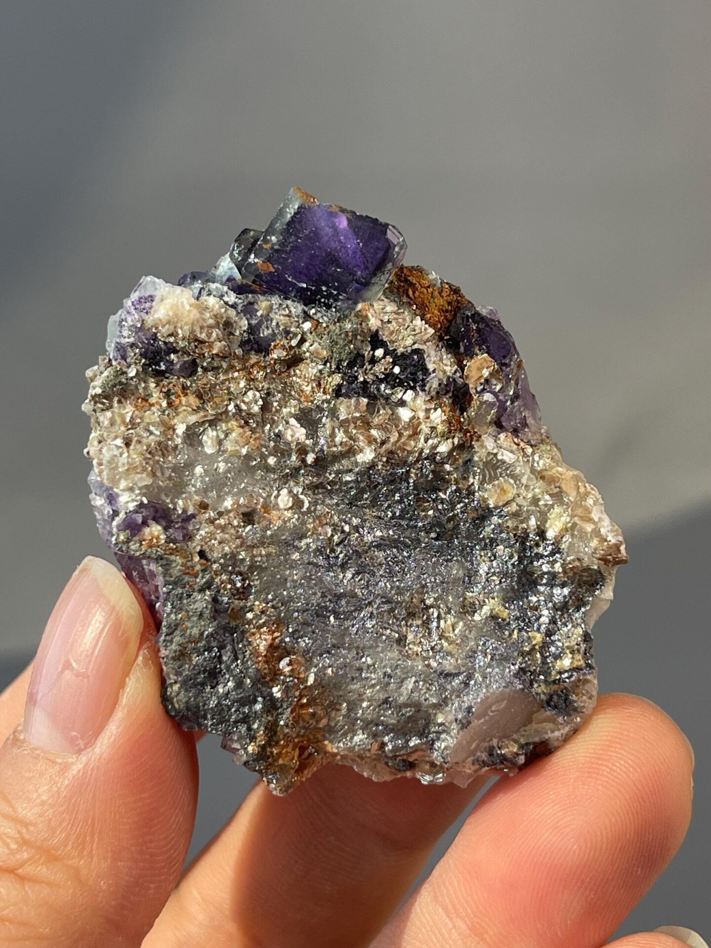 Gold mineral flecks contrasting with purple fluorite