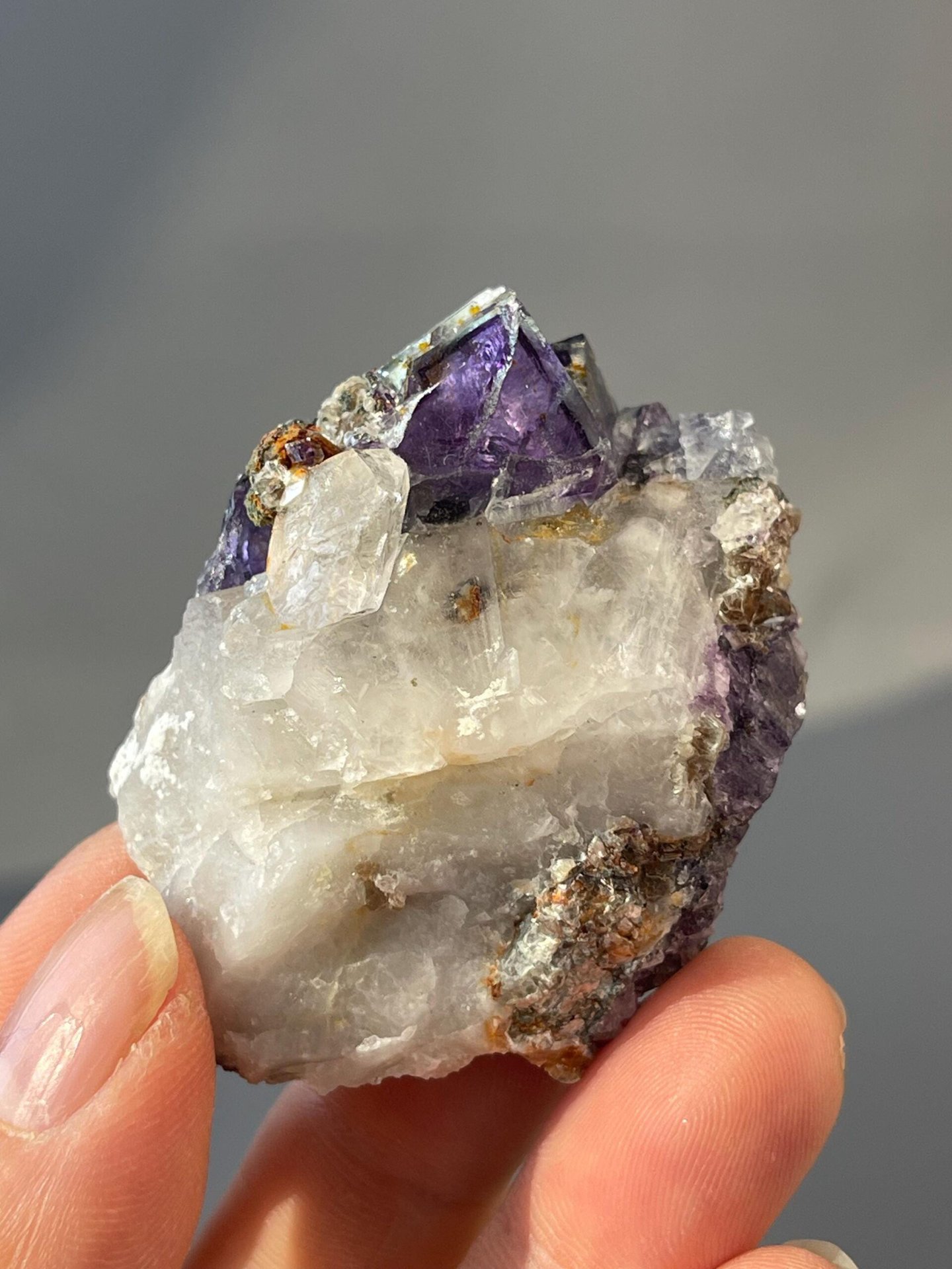 Close-up of gold flecks on deep purple fluorite