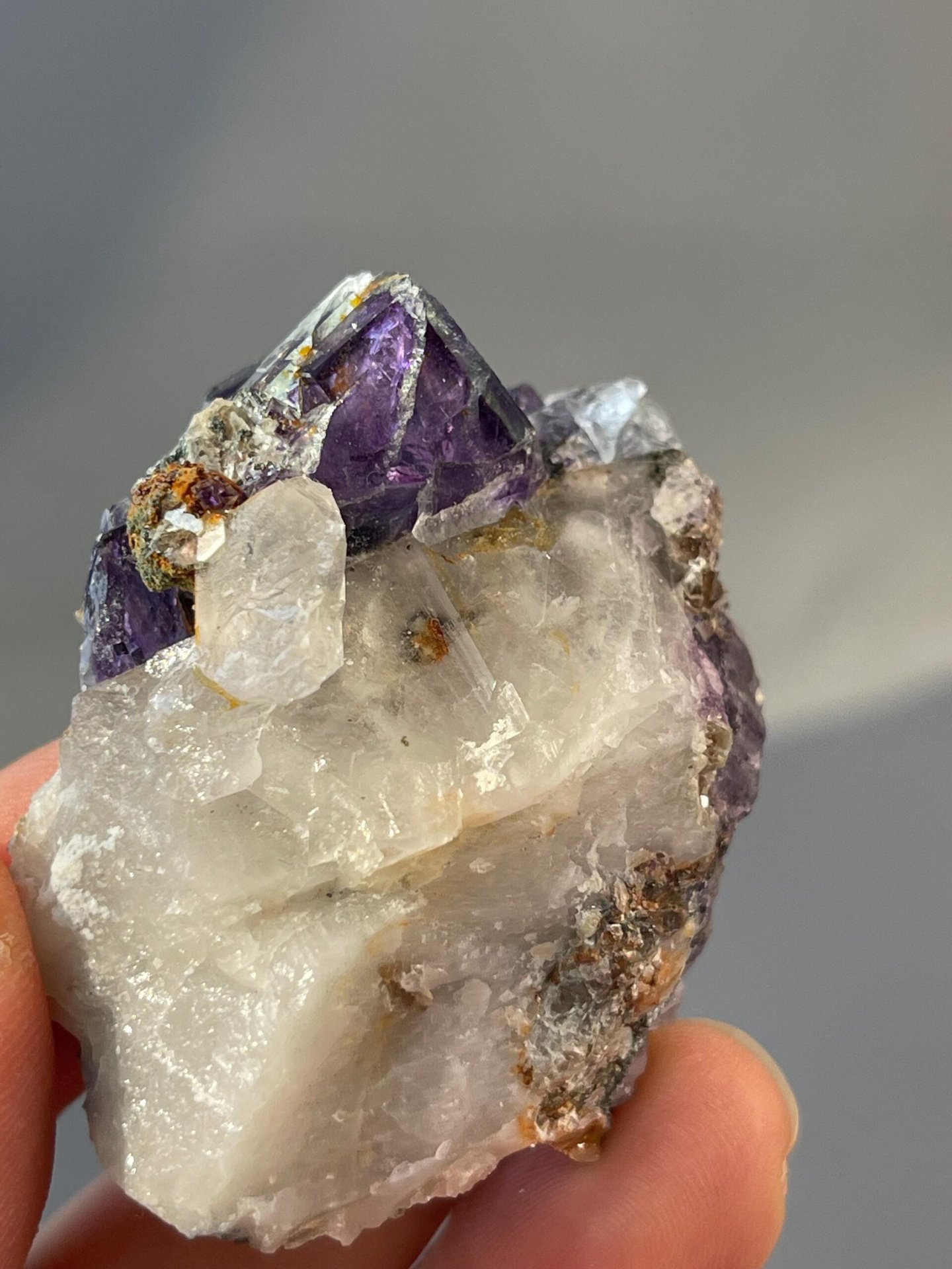 Scale reference of deep purple twinned fluorite cubes