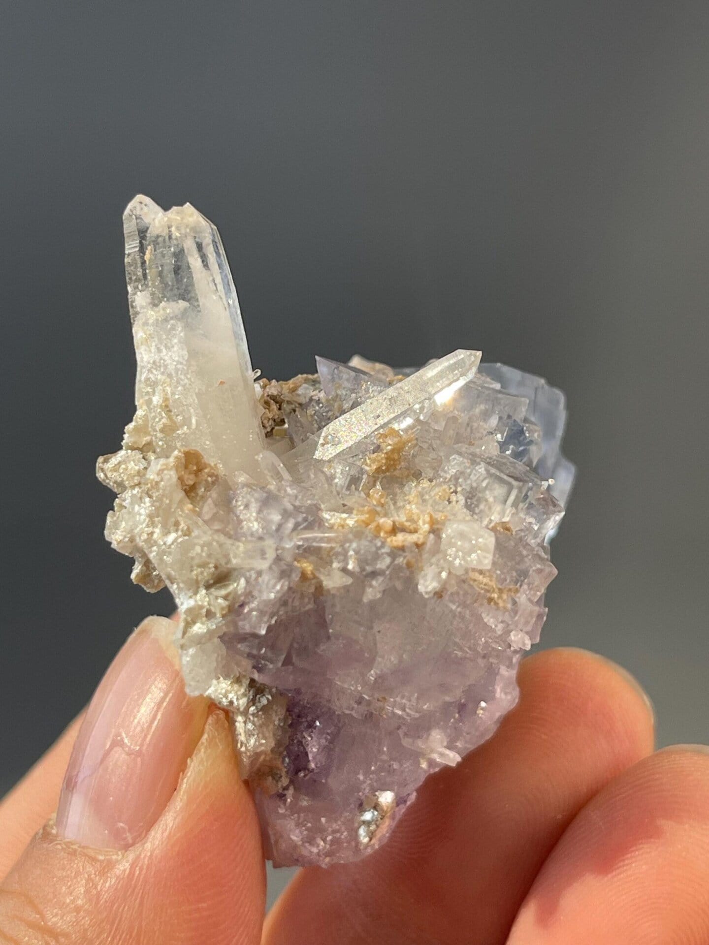Top view of blue fluorite and quartz cluster