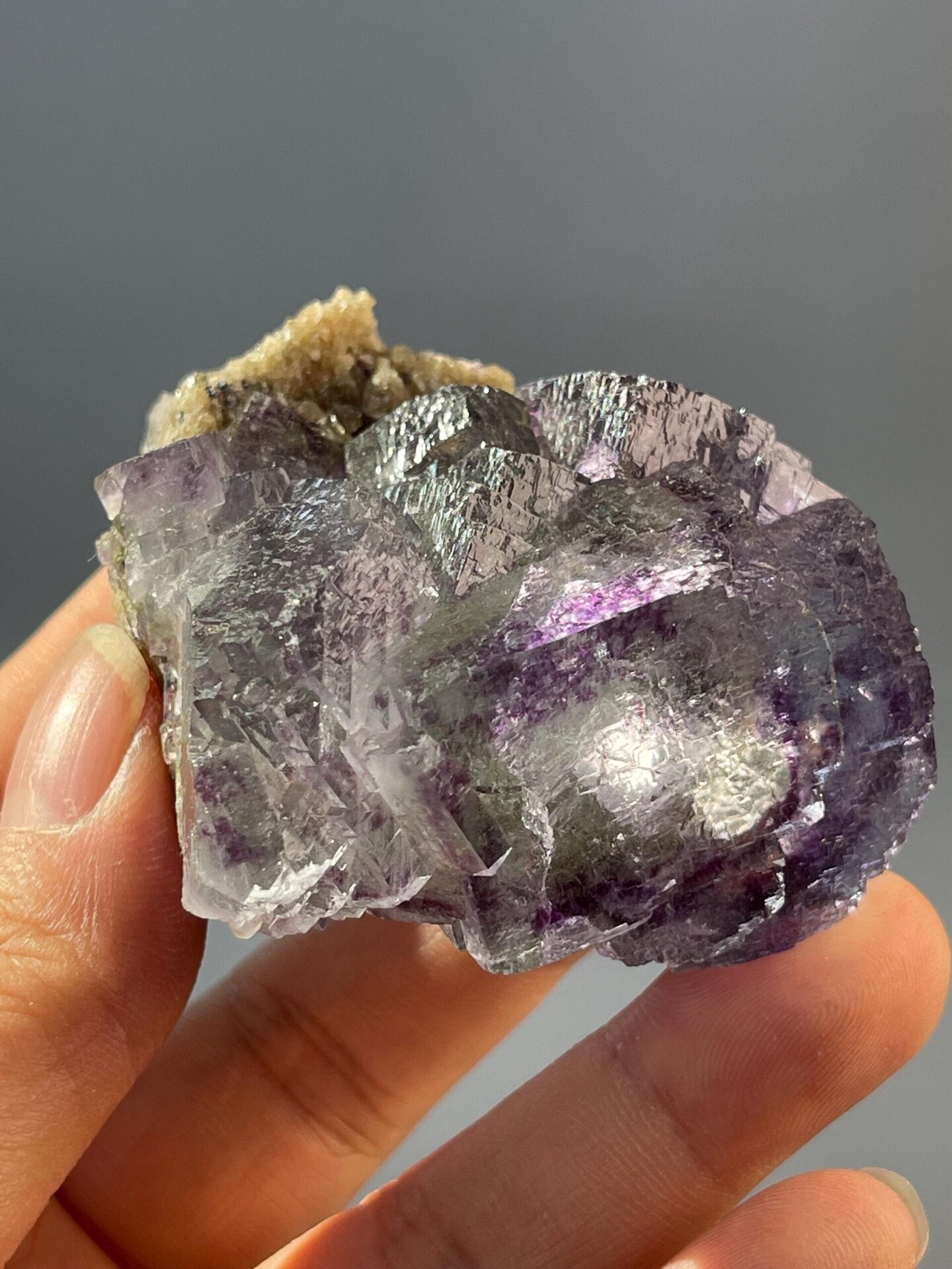 Top view of stepped fluorite crystal faces
