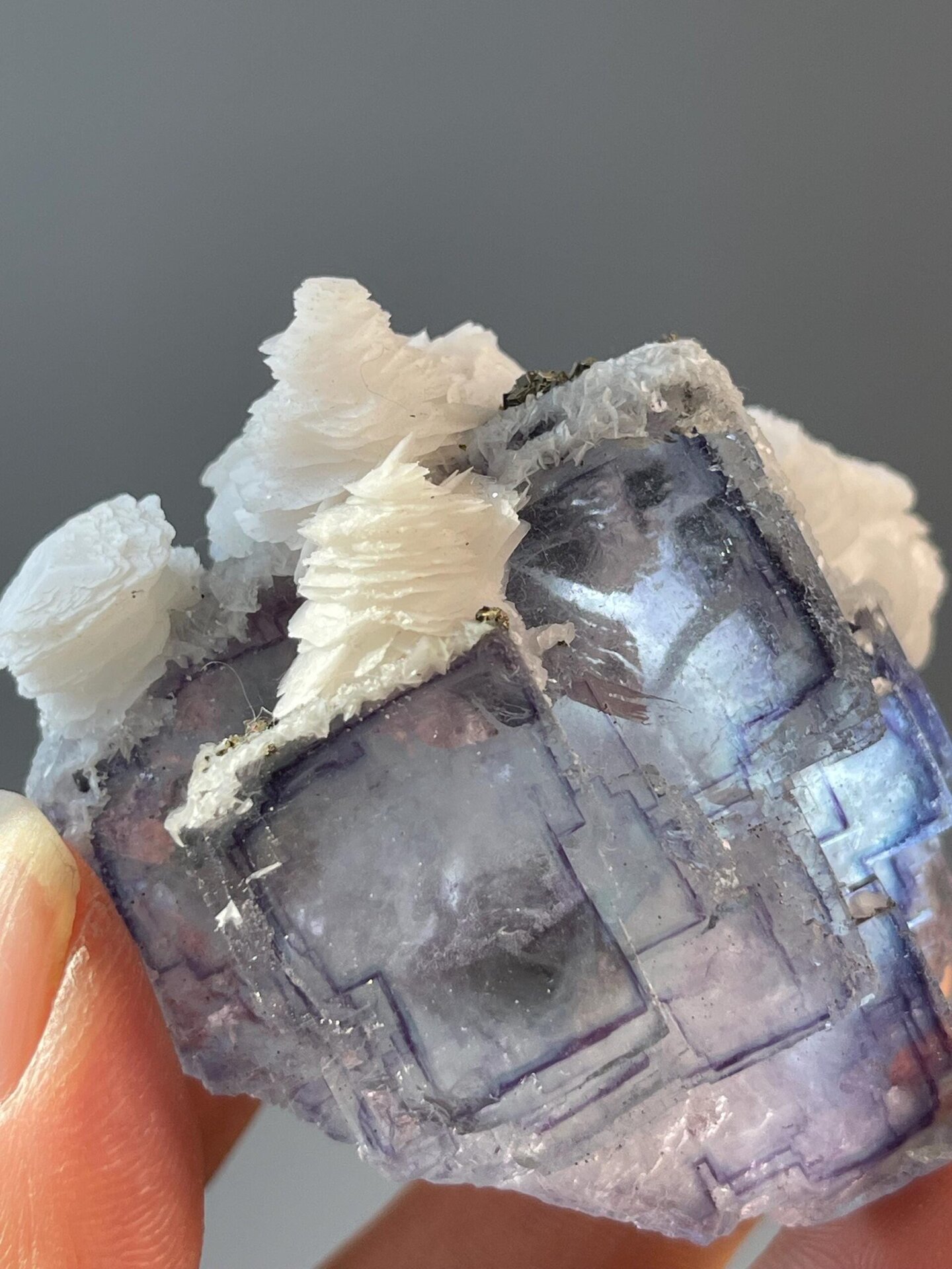 Top view of calcite petals on purple fluorite