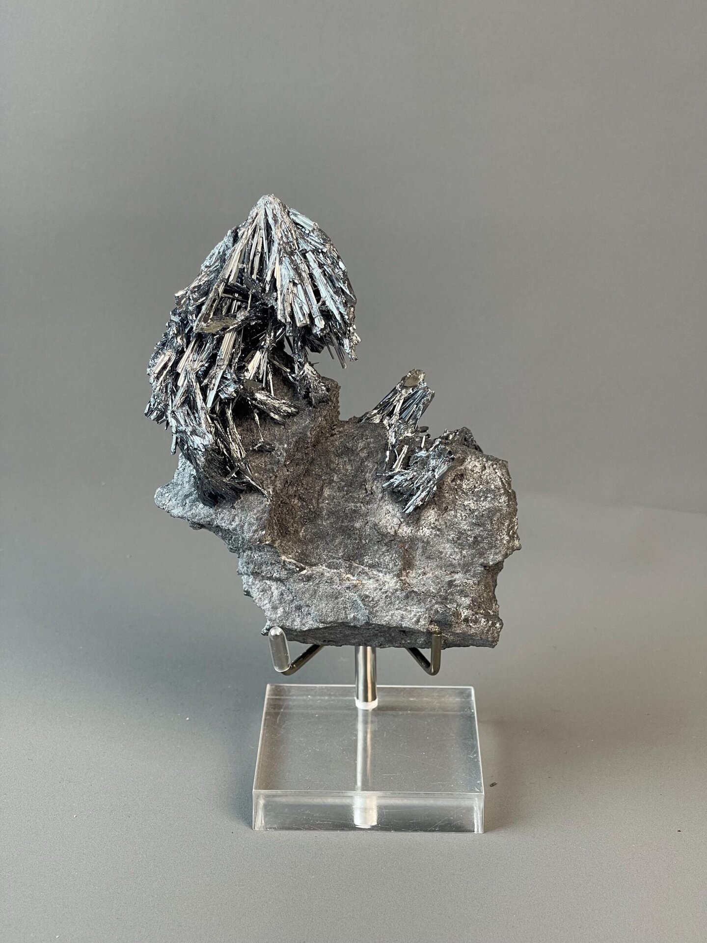Close-up of interwoven stibnite crystal blades