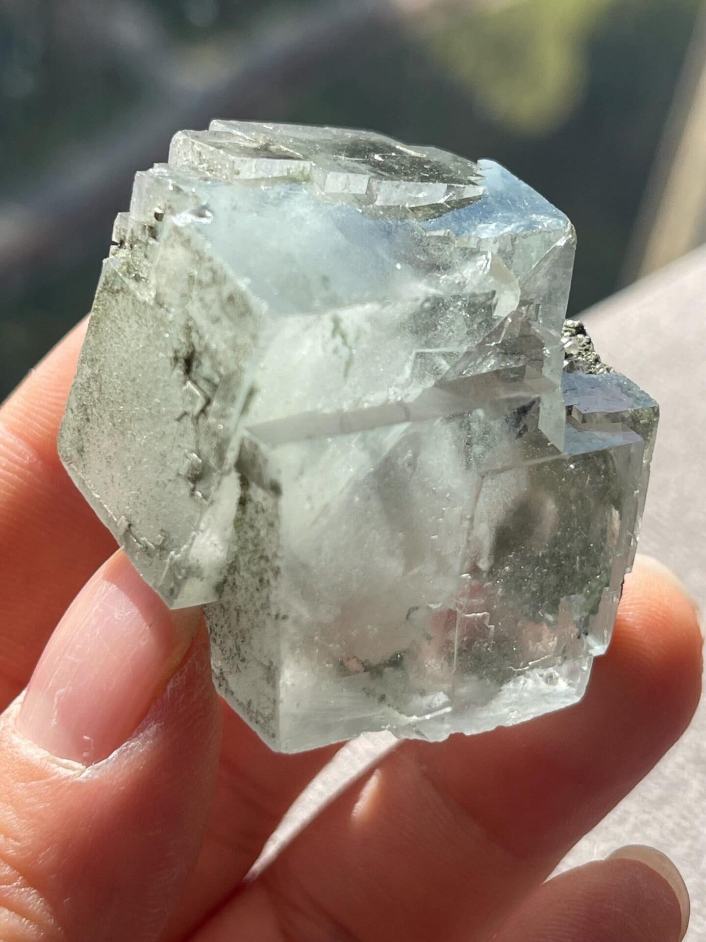 Top view of twin fluorite crystal step-like design