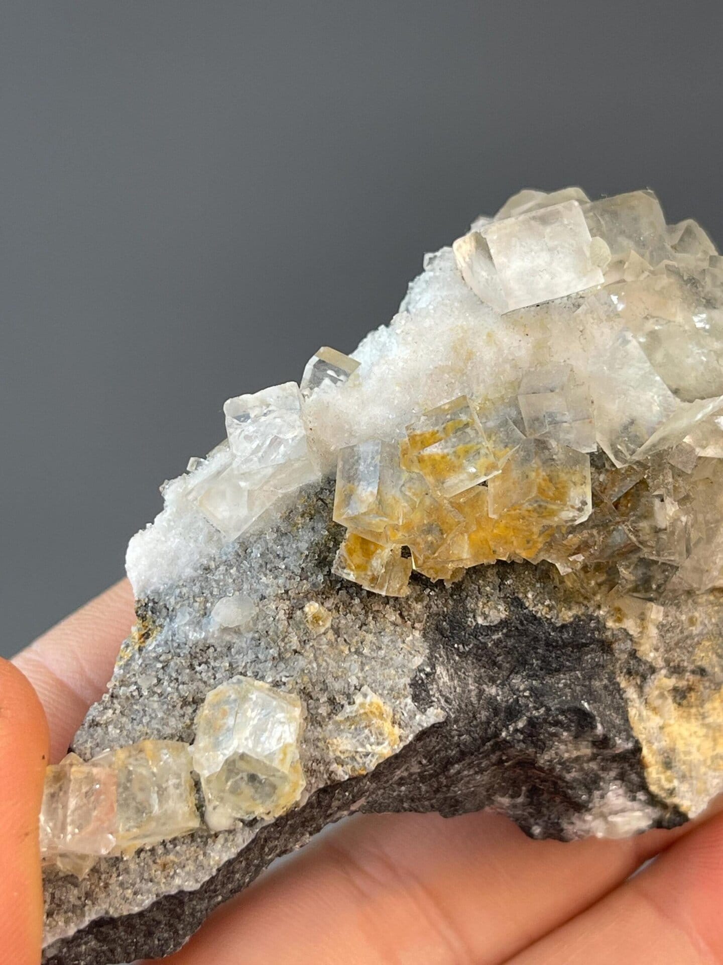 Close-up of cubic cleavage planes on transparent fluorite