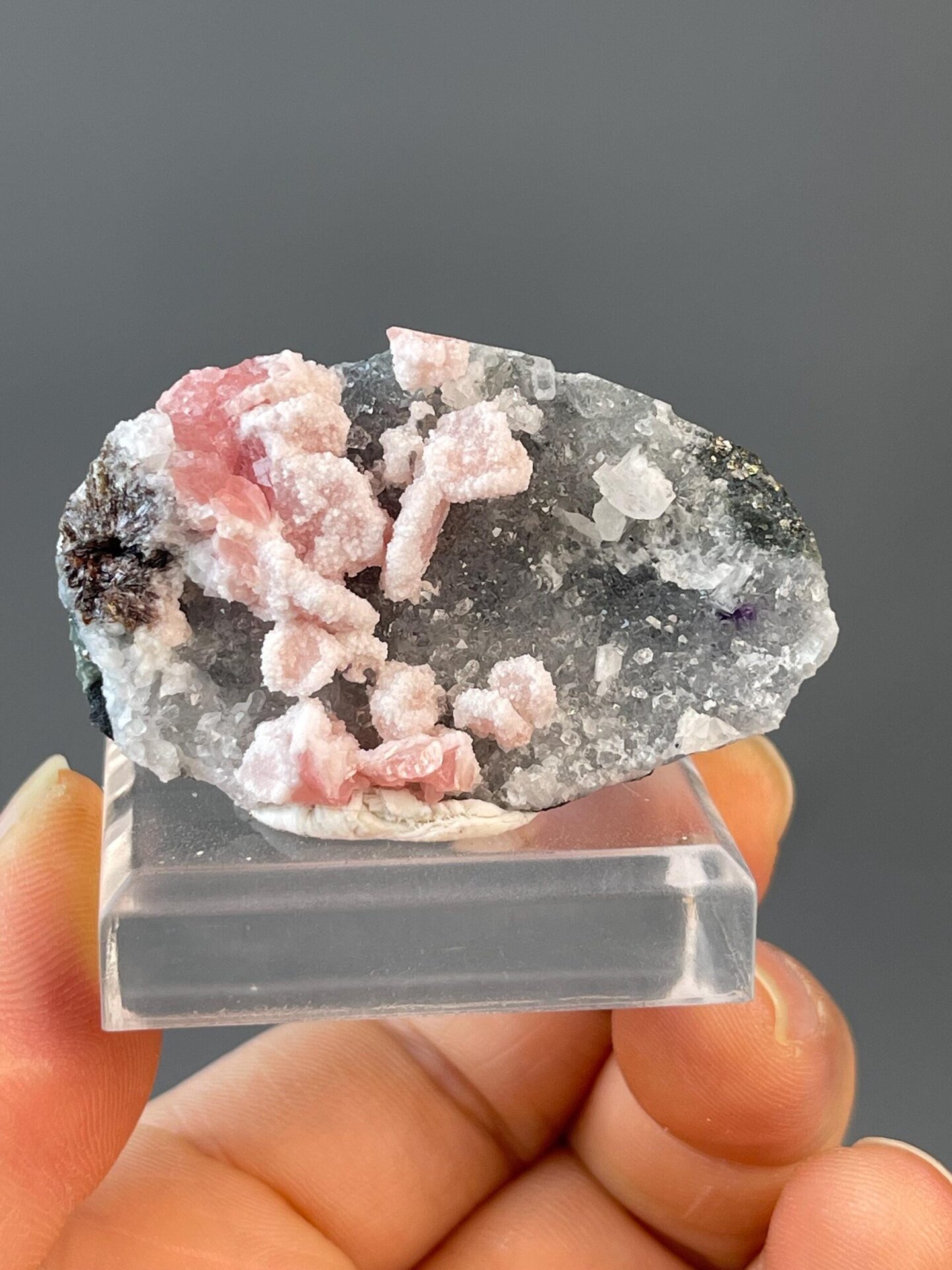 Close-up of pink rhodochrosite petal formations