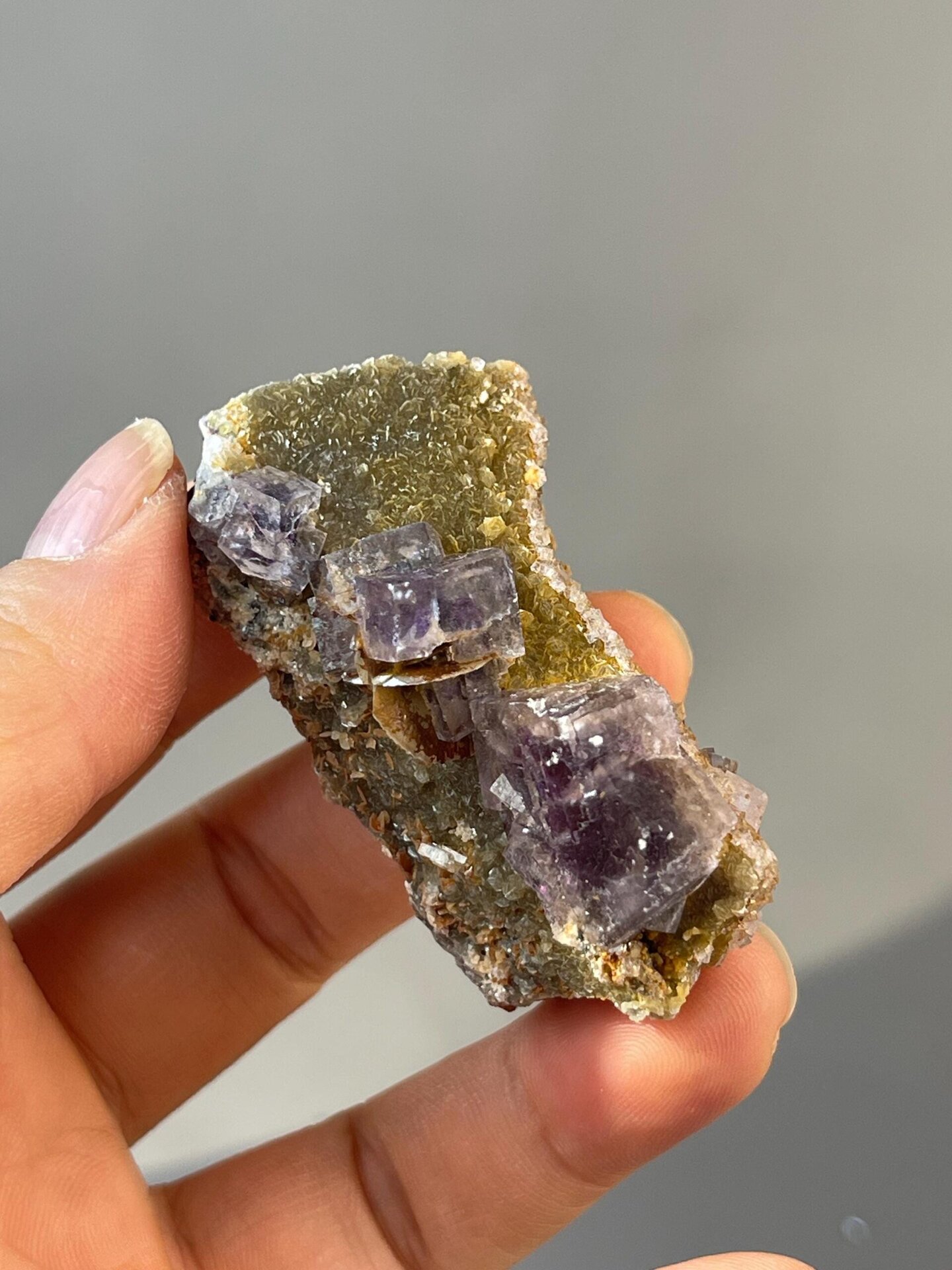 Back view of tri-twin fluorite crystal specimen