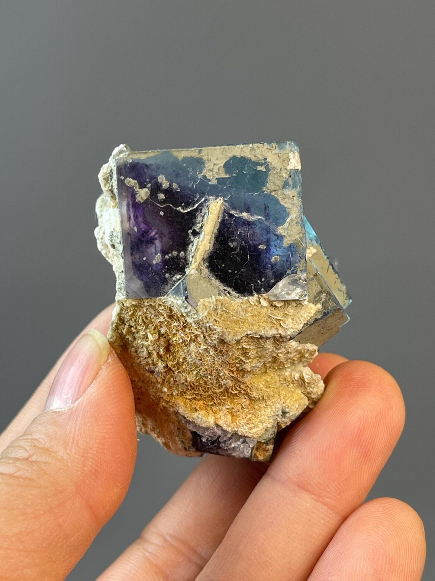 Natural blue phantom fluorite with unpolished crystal surface