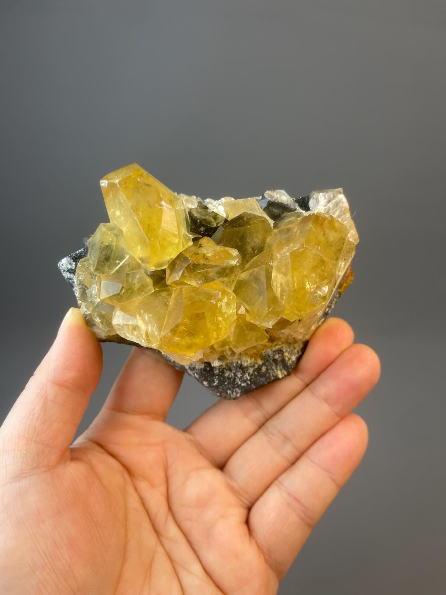 Yellow calcite specimen measuring 3.9×3.0×1.5 inches