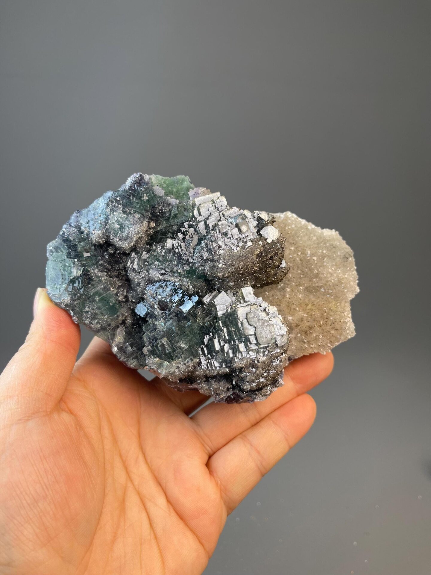 Botryoidal green fluorite spheres on quartz matrix, Xianghualing Mine